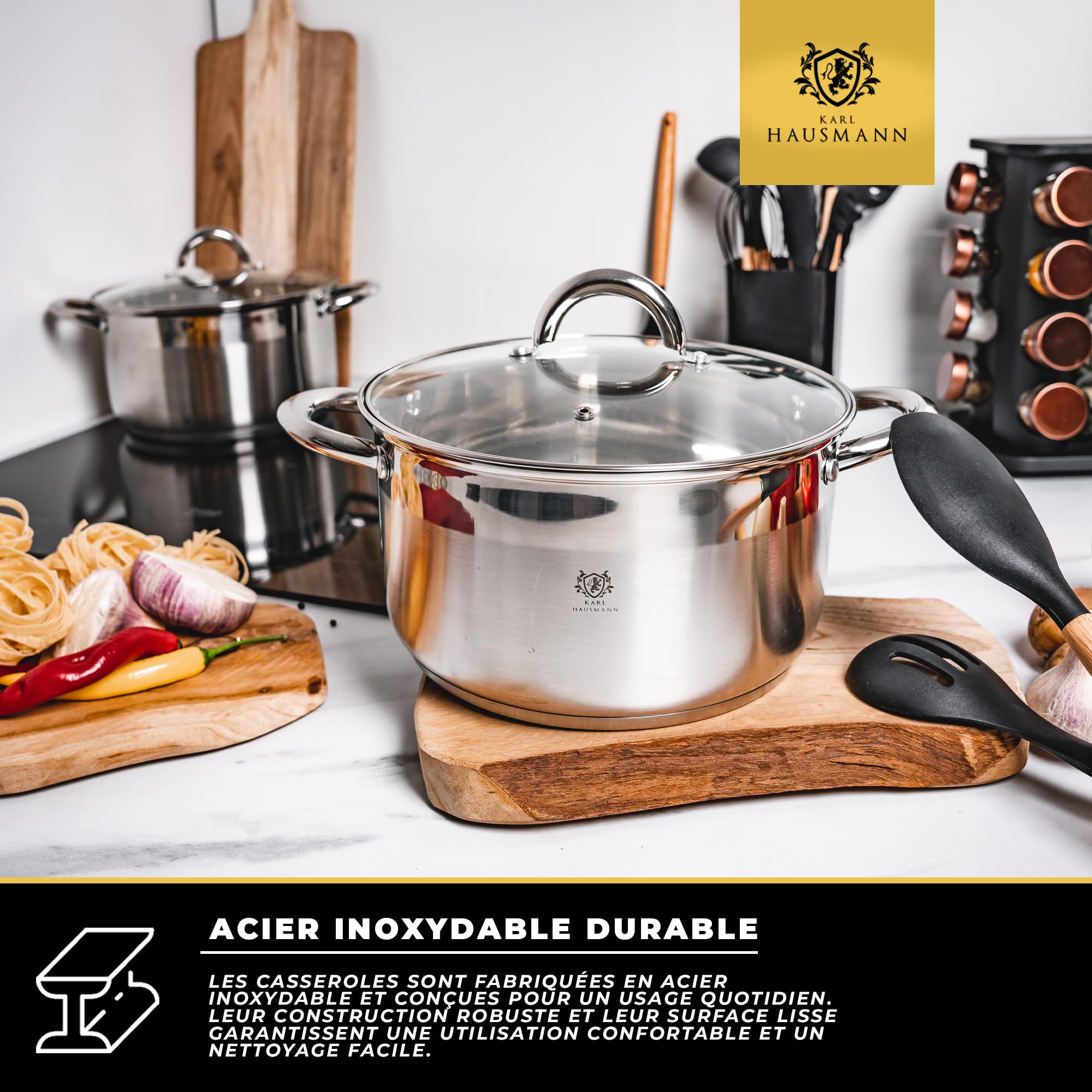 KARL HAUSMANN Faitout Inox 26 cm 6L avec Couvercle en Verre - Compatible Induction, Fond 3 Couches pour une Diffusion Uniforme de la Chaleur, avec Graduation Intérieure, Tous Feux