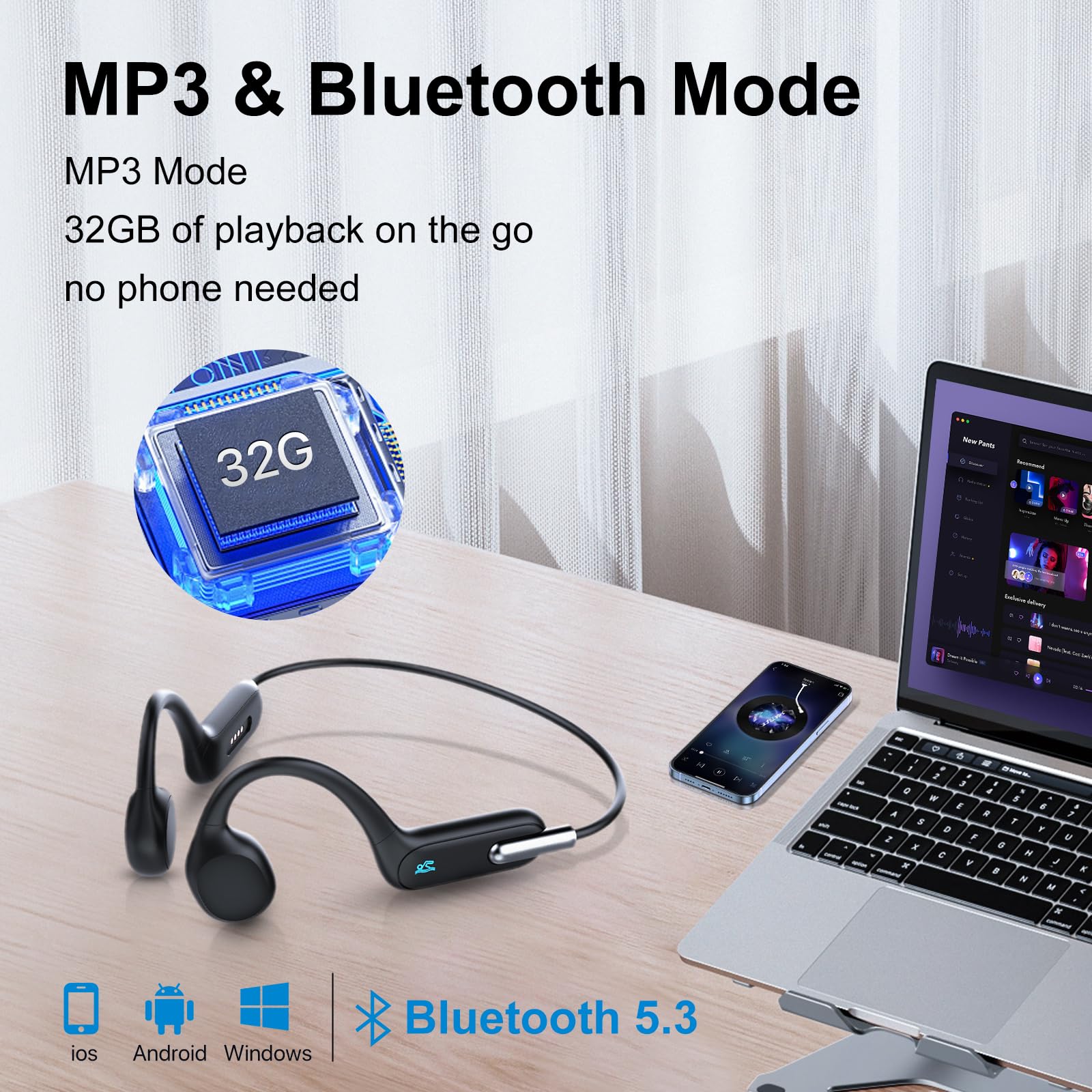 HIFI WALKER Auriculares Natacion Sumergibles, MP3 Acuaticos para Natacion IPX8 Resistente al Agua, Reproductor de música 32G, Bluetooth 5.3 Auriculares Sport de conducción ósea para Correr, Nadar