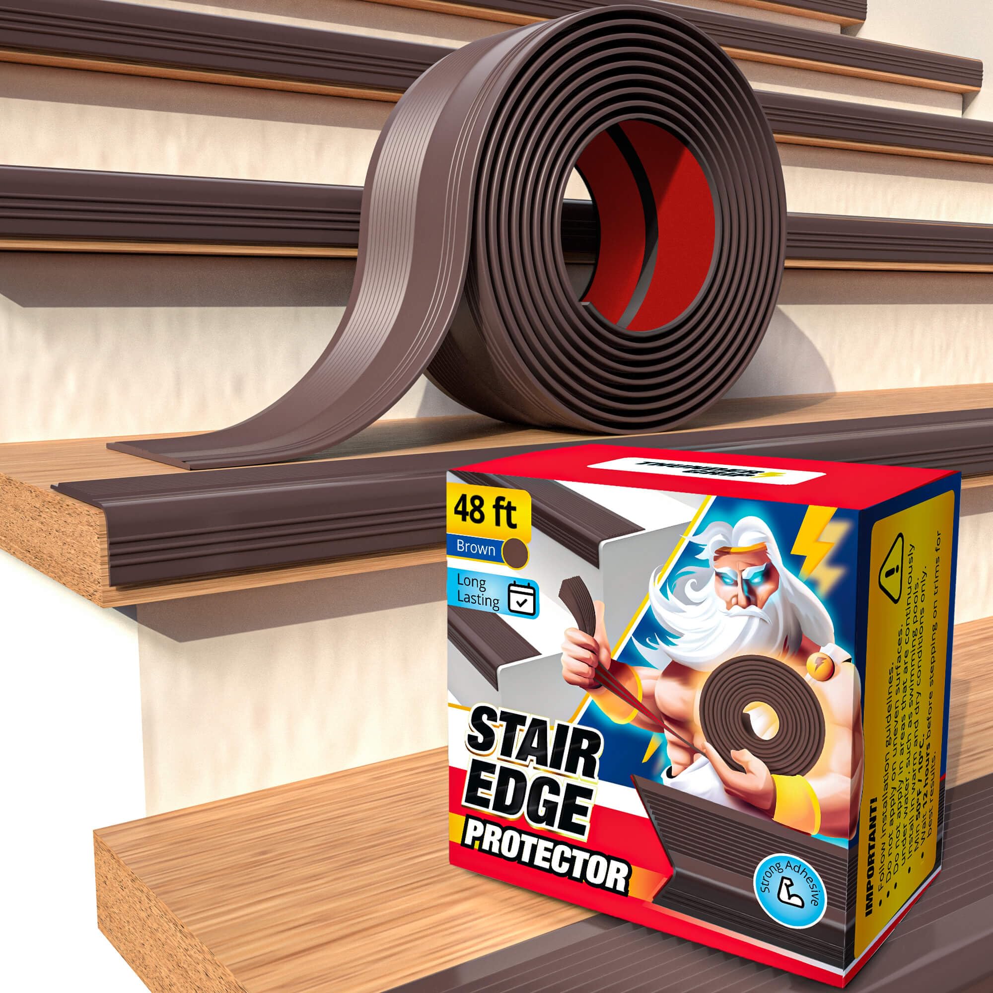 Stair Edge Protector 48 Ft - Brown Rubber Edge Trim for Steps - Vinyl Stair Nose Molding - Rubber Nose Trim - Fit for Indoor and Outdoor - Non Slip