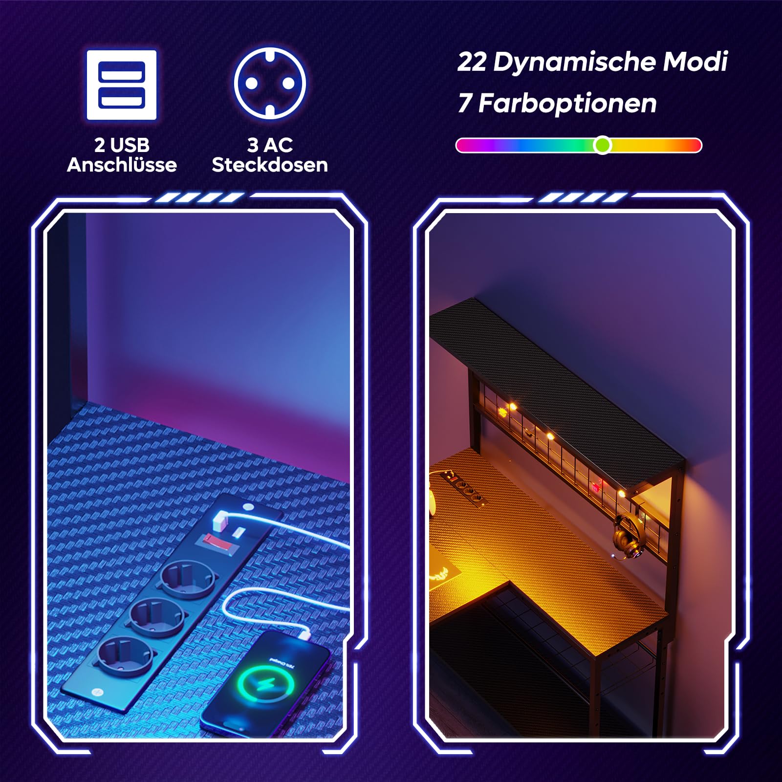 Bestier Gaming Desk 130 cm L förmig Reversibler Eckschreibtisch mit Steckdosen LED-Lichtern 4 Regalböden Haken & Becherhalter Ideal für Home Office und Gaming