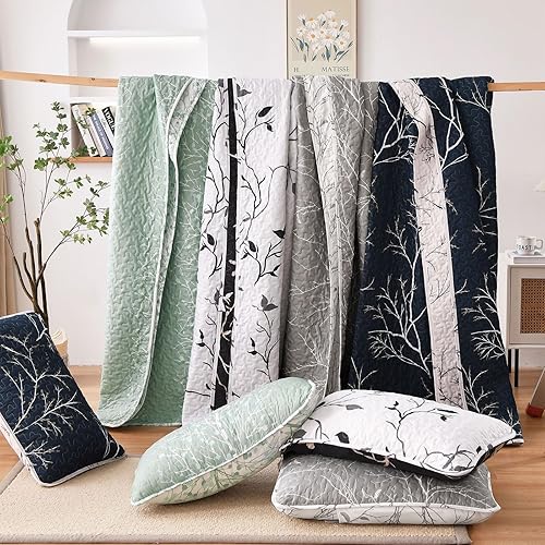 Miniatura 9 de DJY Juego de edredón botánico gris, tamaño King, con hojas de flores, reversible, para todas las estaciones, 104 x 90 pulgadas