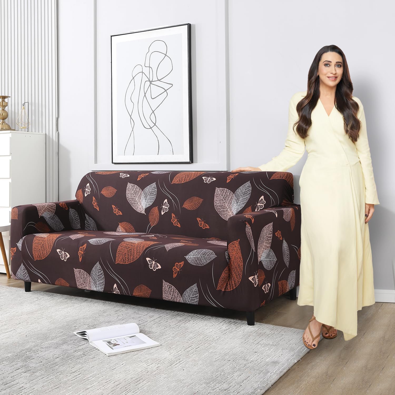 HOKIPO Sofa Cover 3 Seater Fully Covered, Dark Brown Leaf