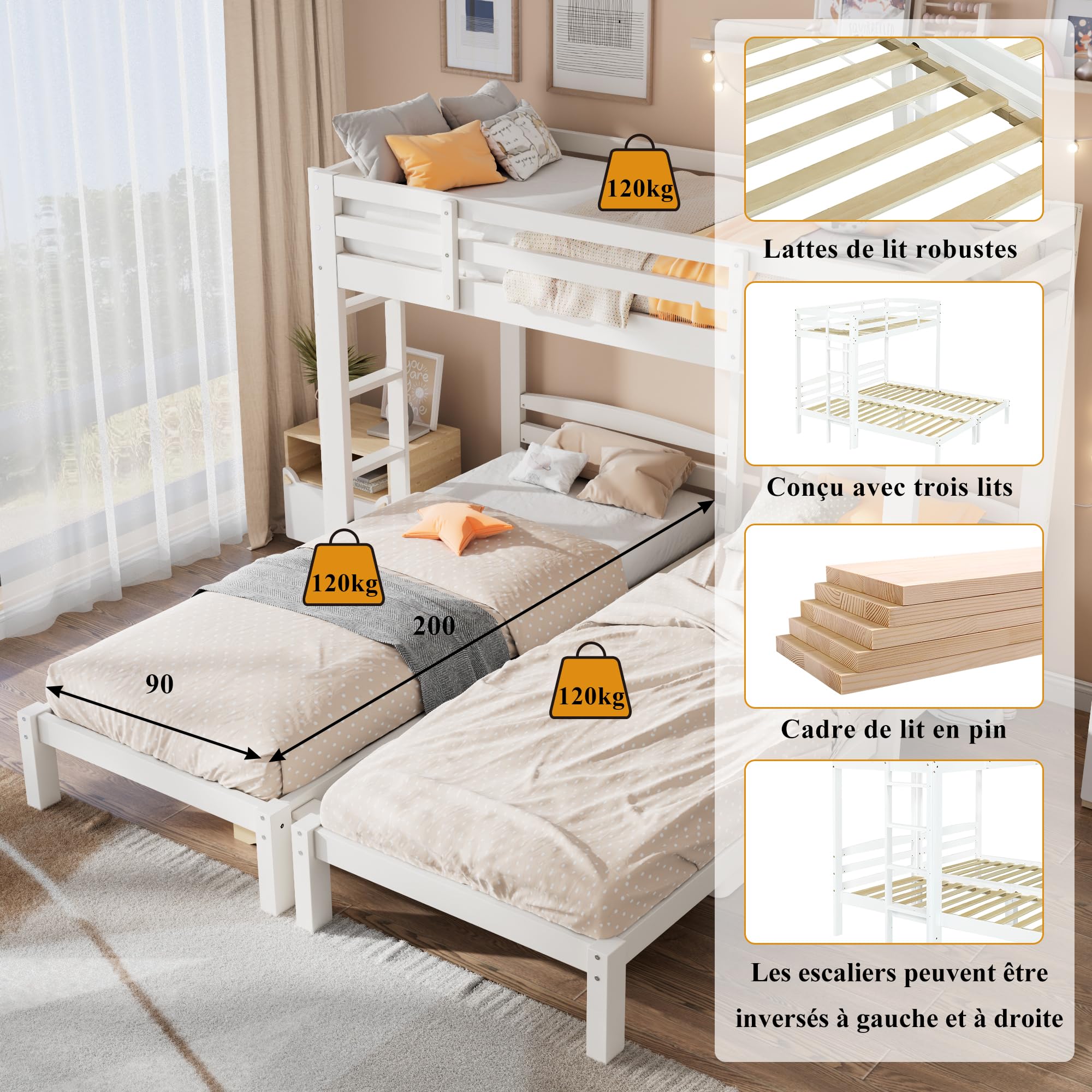 Cama Triple, litera Triple con Escalera Lateral para niños y jóvenes, Blanco (90 x 200 cm)