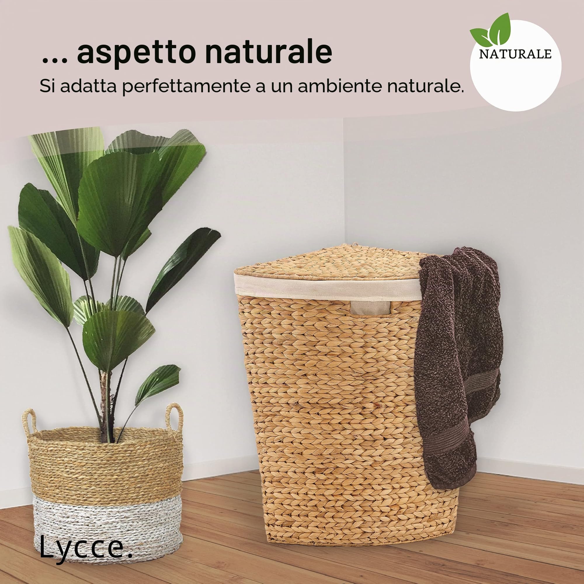 Lycce Cesto portabiancheria con coperchio, 30 l, in giacinto d'acqua, rettangolare, salvaspazio, design naturale, piccolo