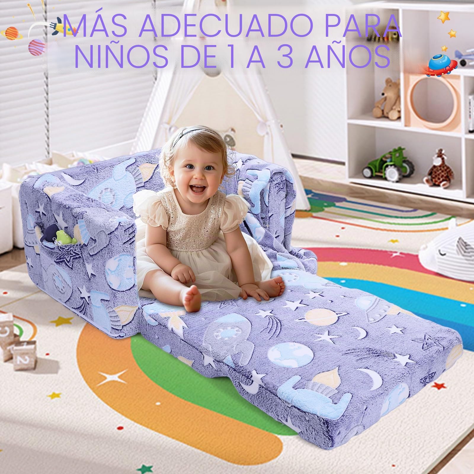 Sofá Cama para Niños 2 en 1 Extra Ancho, Sofá Plegable para niños, Sofá Infantil Plegable de Sherpa Suave con Dinosaurio Brillante, Cama Convertible para Niños/Niñas (Astronautas)