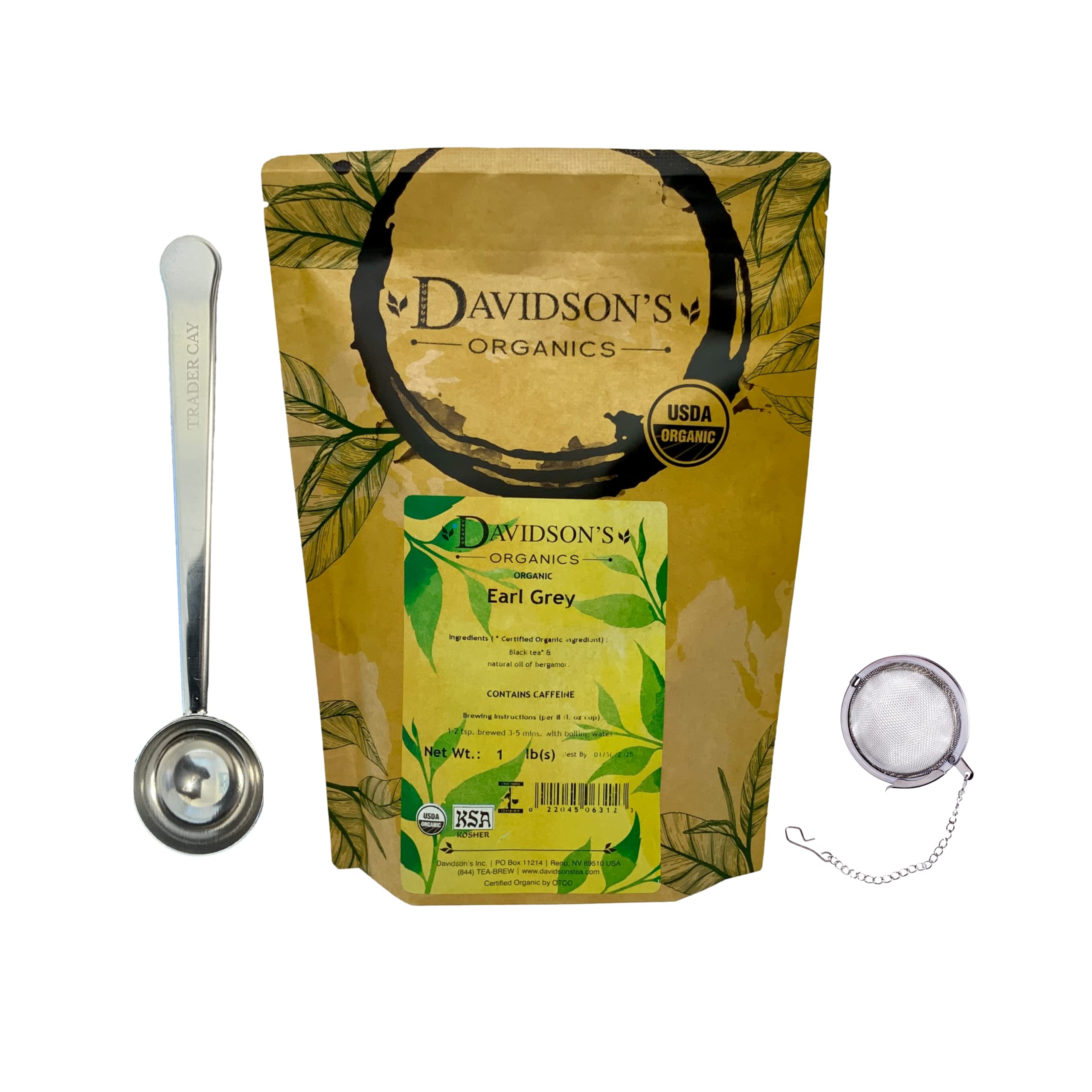 Earl Grey Tea Loose Leaf Infuser Scoop Bundle - Davidson's Organic Loose Leaf Tea 16 oz Bag Stainless Steel Tea Infuser Stainless Steel Spoon with a Built In Reusable Stainless Steel Storage Bag Clip