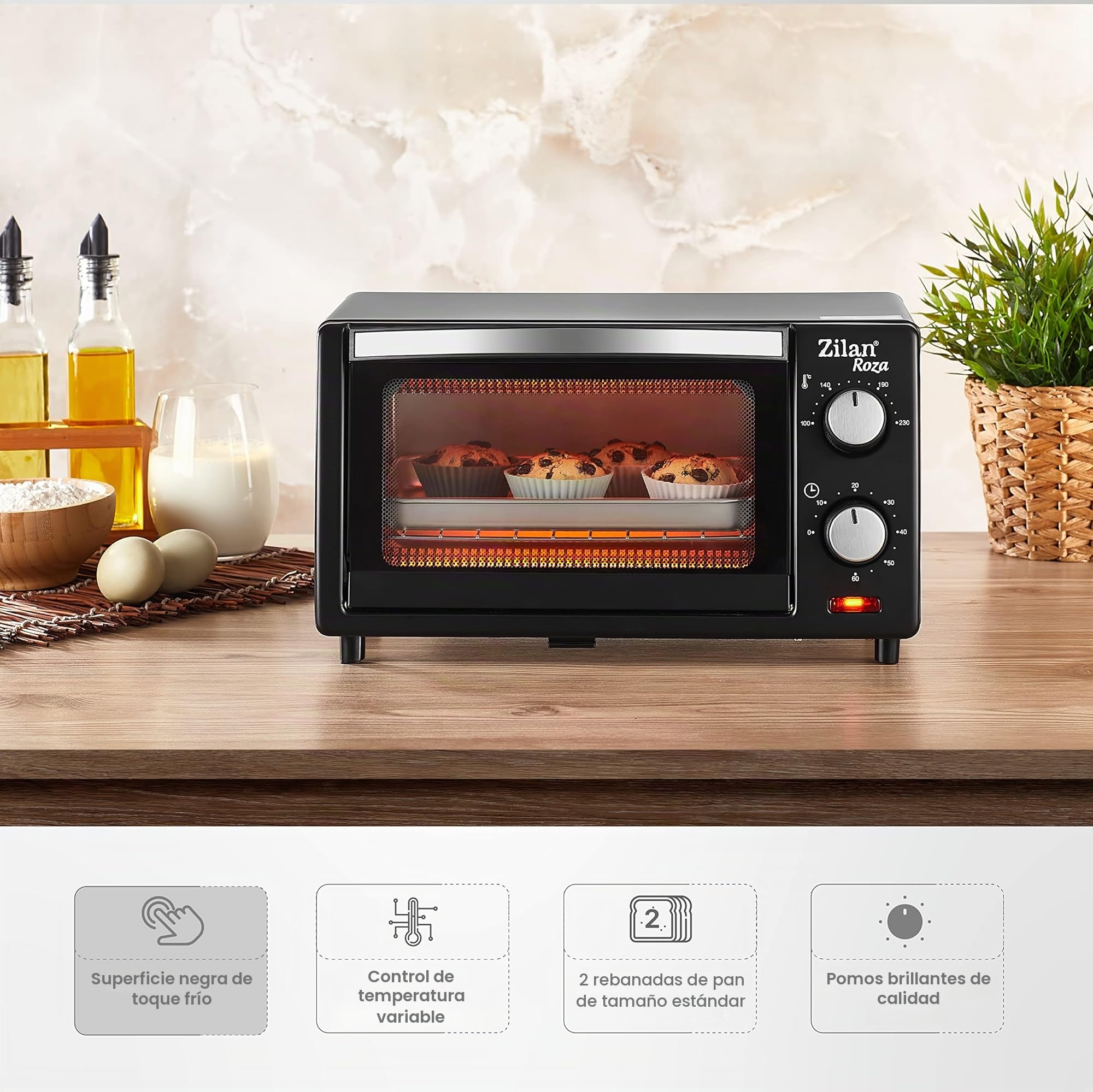 zilan z şekil - Horno eléctrico de 9 litros, doble cristal de seguridad, temporizador, 2 unidades, resistencia al cuarzo, bandeja recogemigas, 1 bandeja cuadrada, rejilla cromada, 800 W, ZLN4328