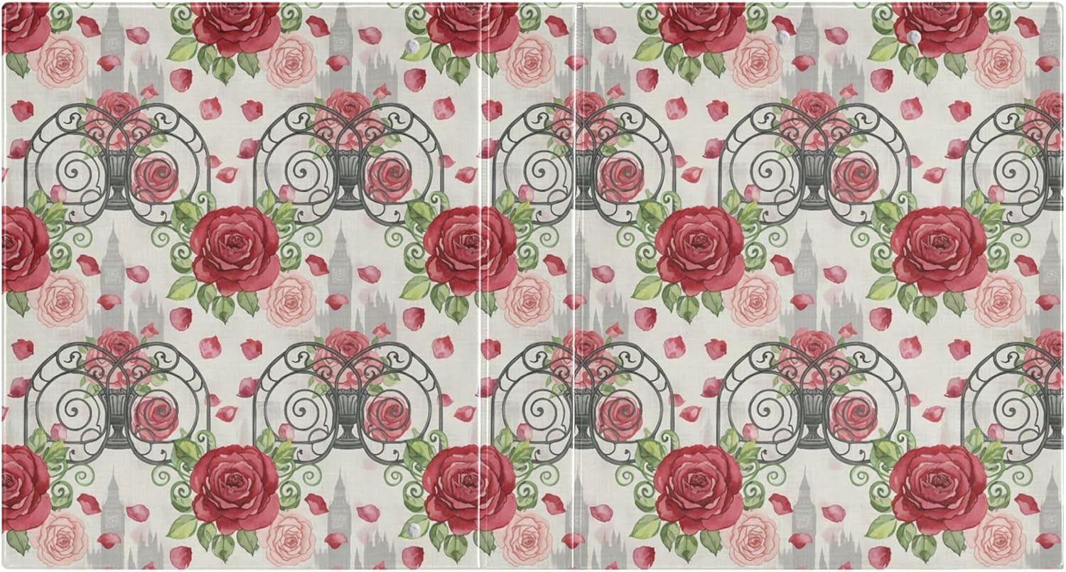 Valentine's Day Red Rose 3 Ring Binders, 1.5” Round Ring Binders with Clipboard - Letter Size, 3 Interior PVC Clear Pockets & Anti-Slip Clip for Office School Supplies, 2PCS