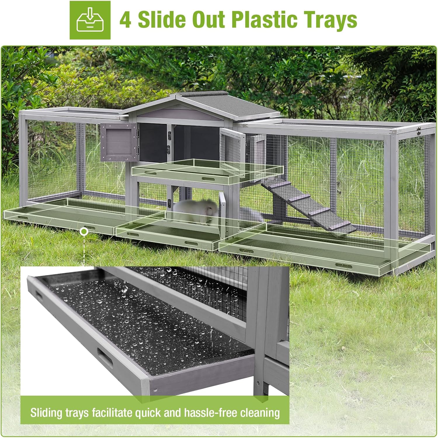 93.7" Large Rabbit Hutch Indoor & Outdoor, Rabbit Cage with 8 Wheels, Bunny Hutch with 4 Deep No Leakage Pull Out Trays