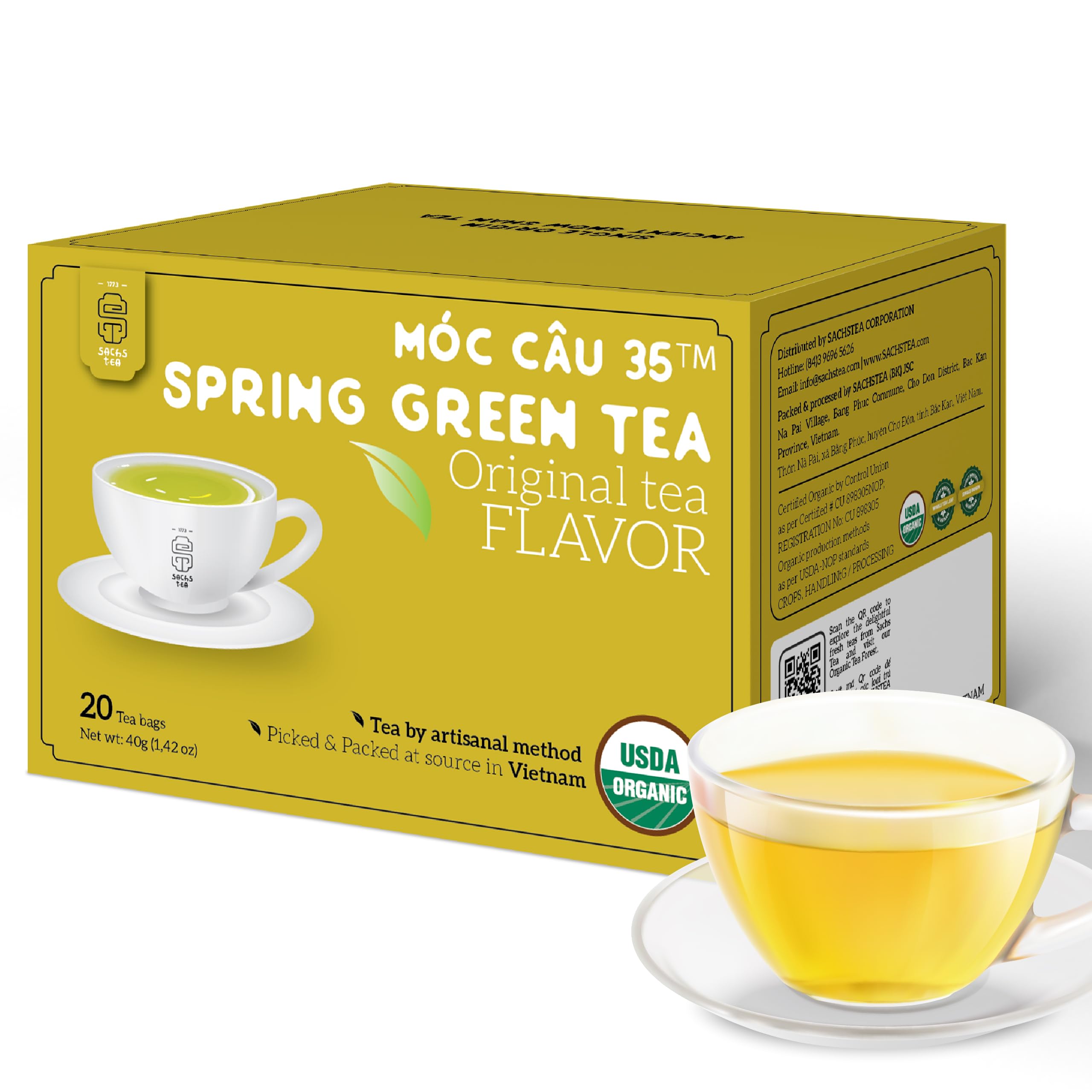 SACHS TEA 1773Premium Organic Green Tea No.35 from Ancient Trees - Vibrant and Smooth Flavor, not astringent - Crafted Small Batch (20 Large Handcrafted Sachets)USDA Organic