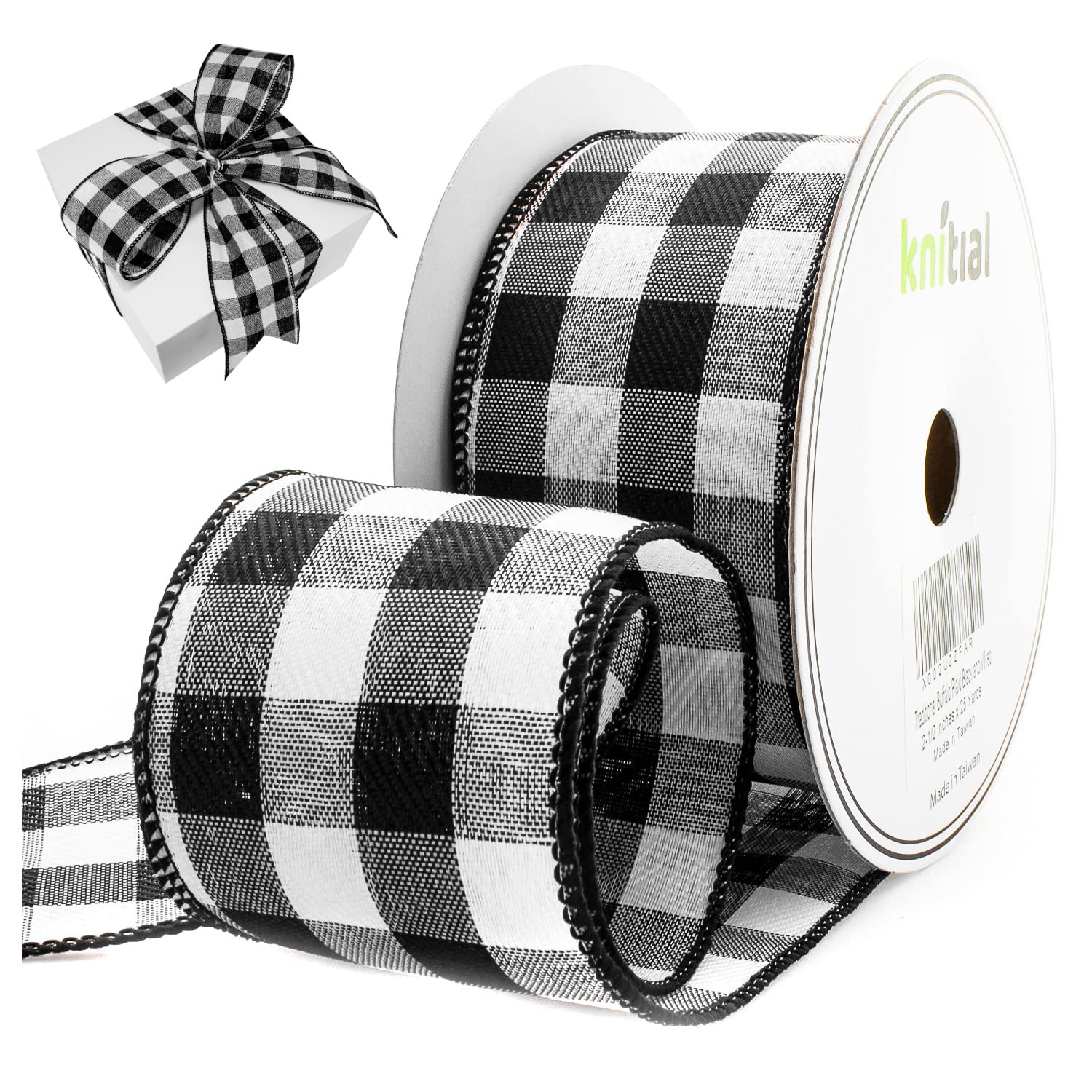 Knitial Traditional Buffalo Plaid Wired Ribbon 2-1/2 inches x 25 Yard Buffalo Check Black and White Ribbon for Gift Wrapping, Crafts, and Decorations
