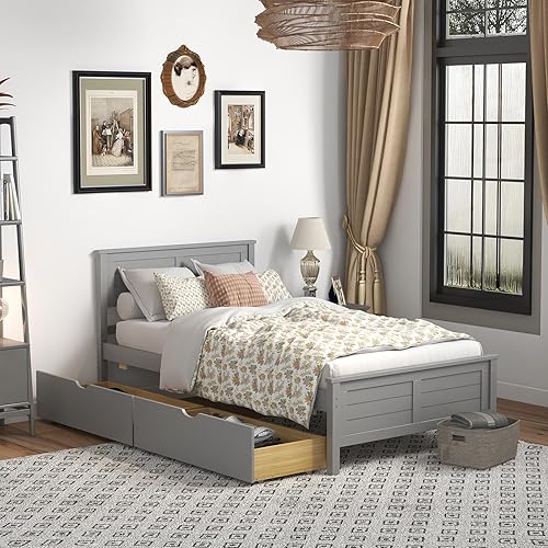 Miniatura 3 de GOFLAME Base de cama de tamaño matrimonial con 2 cajones, cama de plataforma con cabecero y estribo de madera maciza, base de colchón de soporte de