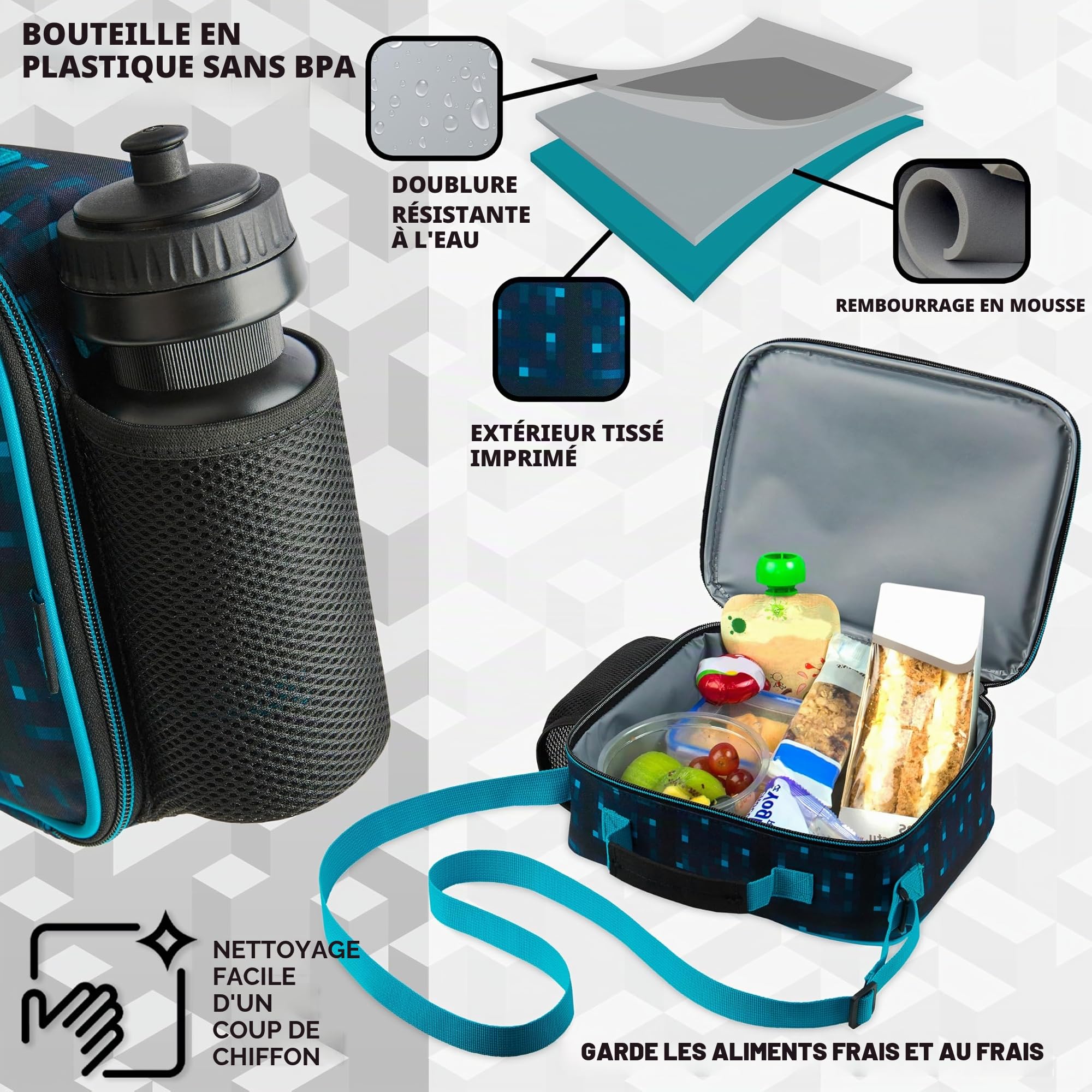 Minecraft Sac Isotherme Repas Enfant Lunch Bag pour l'École ou les Voyages Options avec Bouteille D'eau Cadeau pour Enfant (Bleu/Noir)