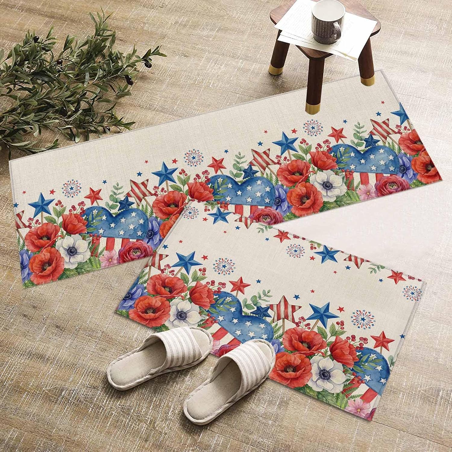 Kitchen Mats for Floor 4th of July Watercolor Flower Star Washable Non Slip Kitchen Rugs 2PCS, Patriotic Poppy Heart on Flax Absorbent Standing Mats for Sink Bathroom Office 15.7x23.6in+15.7x47.2in