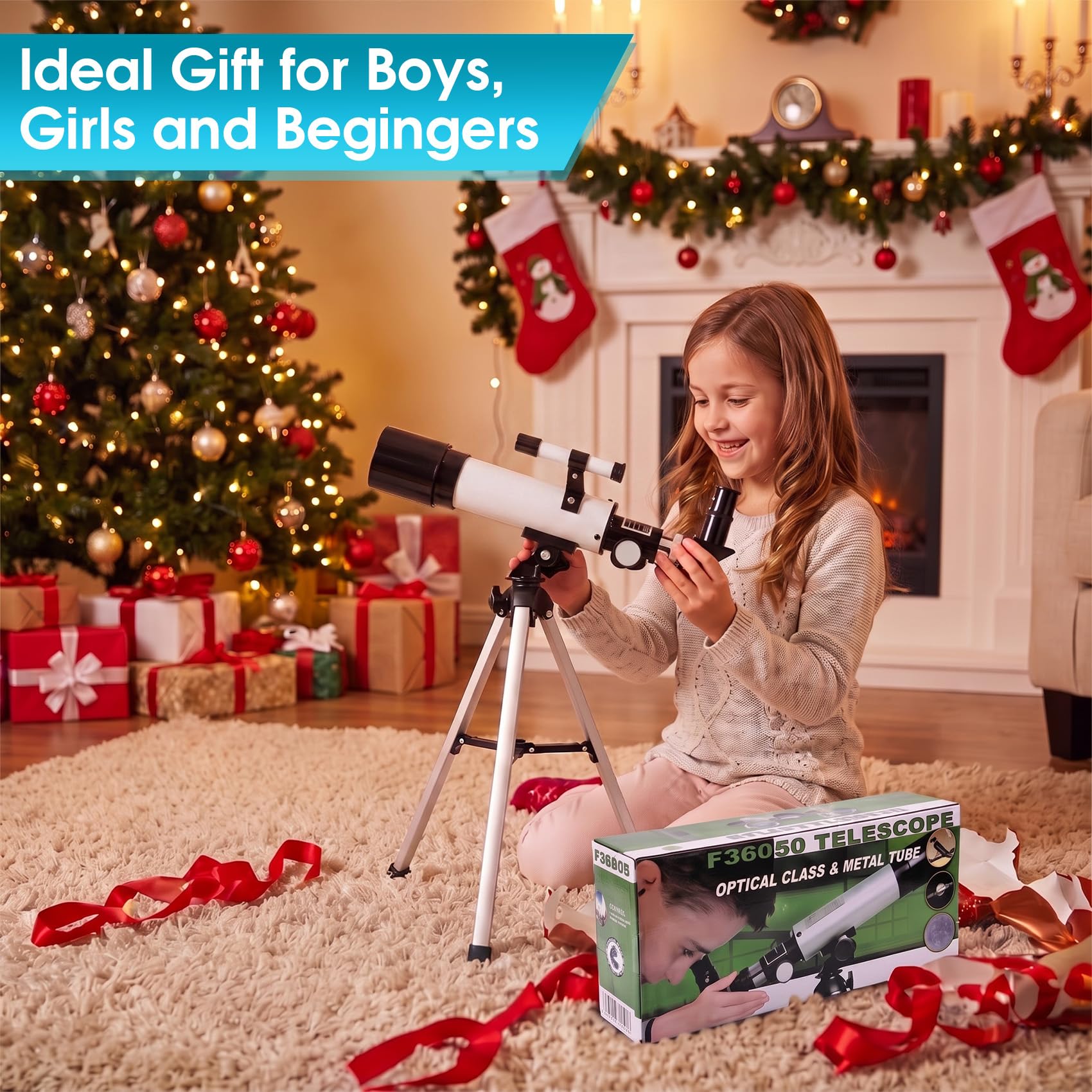 Telescopio per Bambini 360/50mm con Cercatore Refrattori Telescopi (Bianco)