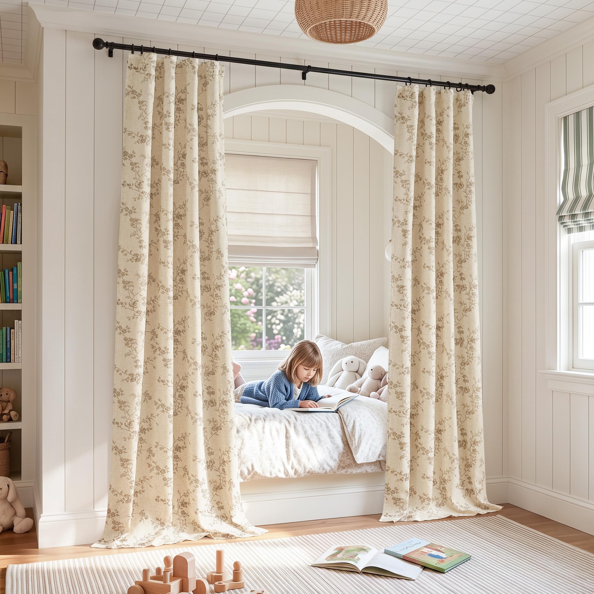 Linen Blackout Curtains - Floral Taupe Panels -8
