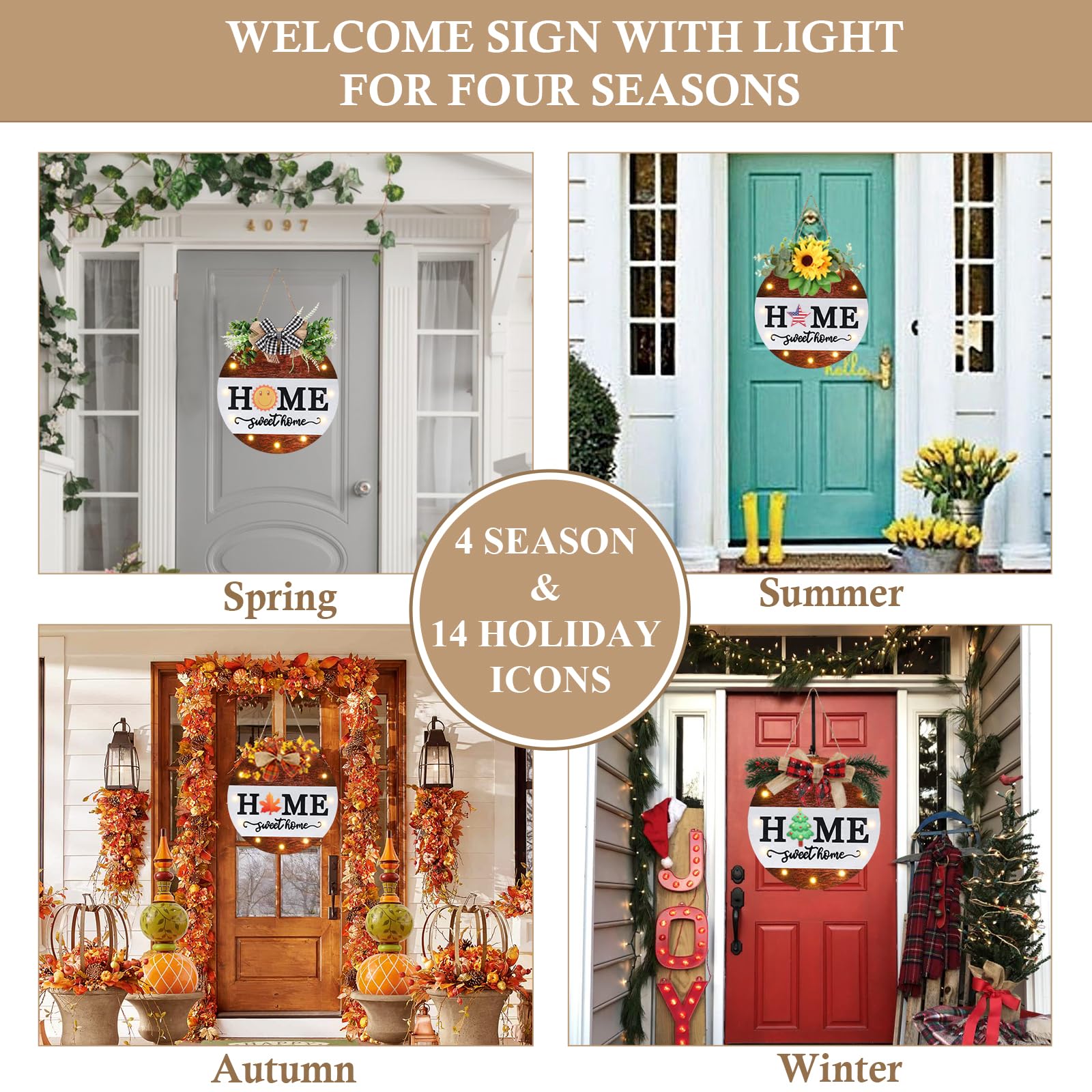 HOMCDALY Letrero de bienvenida intercambiable para puerta delantera con 4 coronas de temporada, coronas de puerta para puerta delantera con 12 luces LED, letrero de pared rústico de bienvenida para