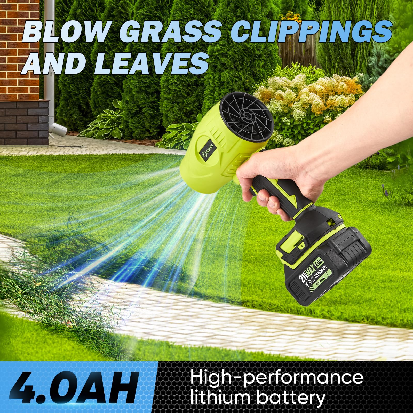 Saker Soplador de hojas inalámbrico portátil limpiador de polvo soplador de mano 180000 RPM con velocidad ajustable para el cuidado del césped y limpieza de polvo del patio, 2 baterías, verde con