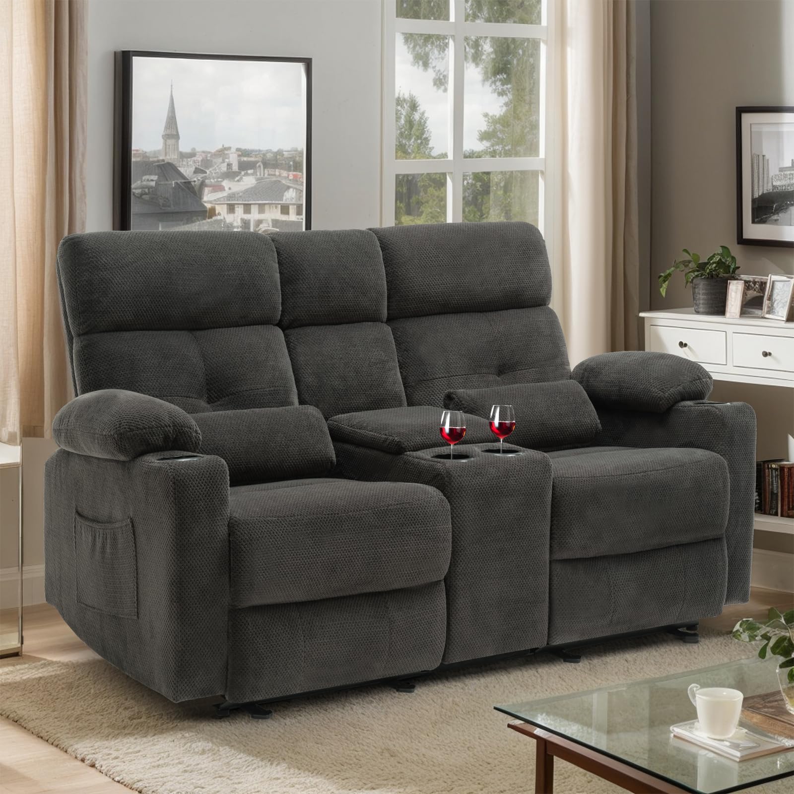 Power Reclining Loveseat with Console, Power Loveseat Recliner Sofa with Heat and Massage, Extended Footrest, Reclining Loveseat with Cup Holders, Lumbar Support for Living Room, RV Loveseat