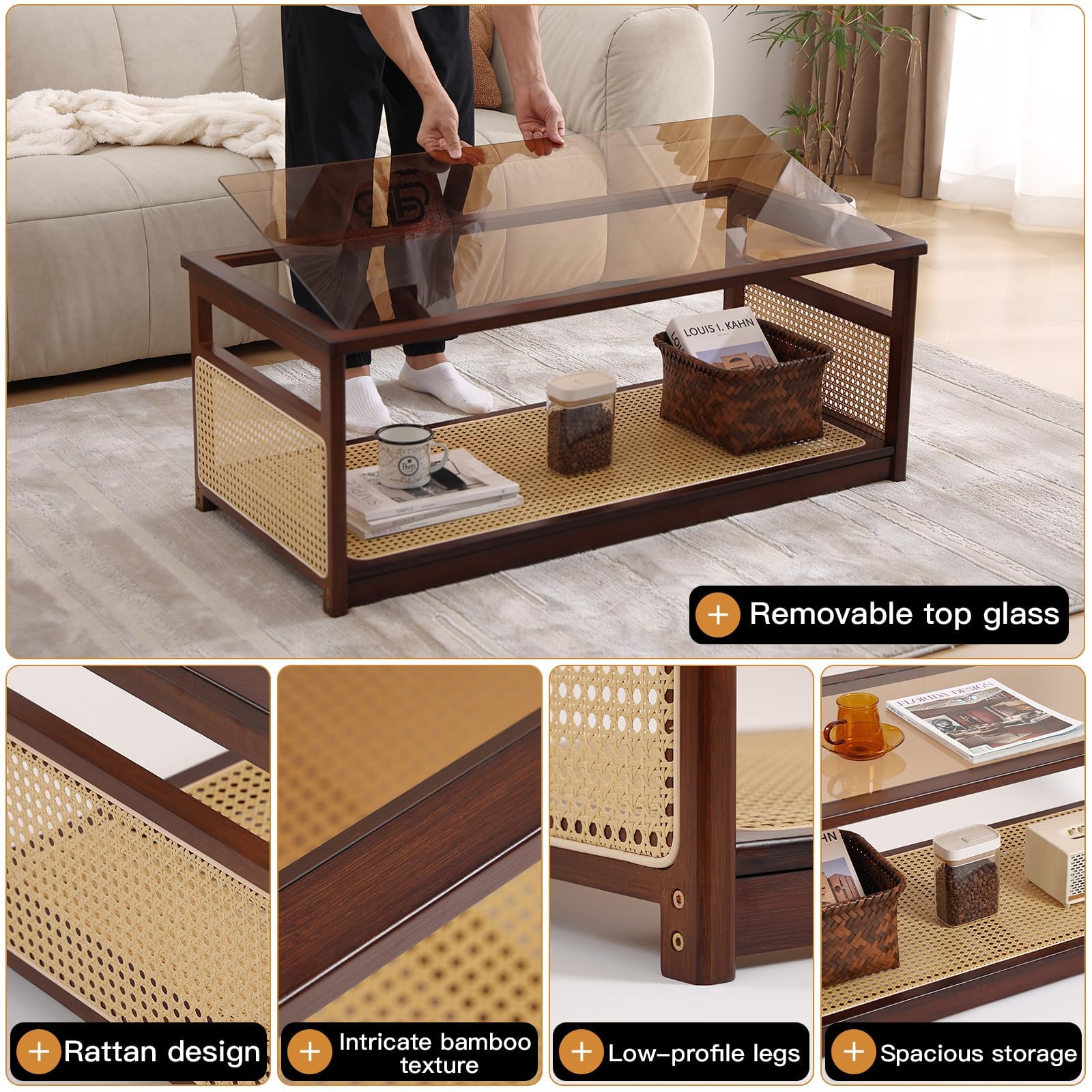 Mesas de centro de ratán para sala de estar, moderna mesa de centro de 2 niveles, mesa de centro rectangular de mediados de siglo con estante de almacenamiento y parte superior de vidrio, mesa 4