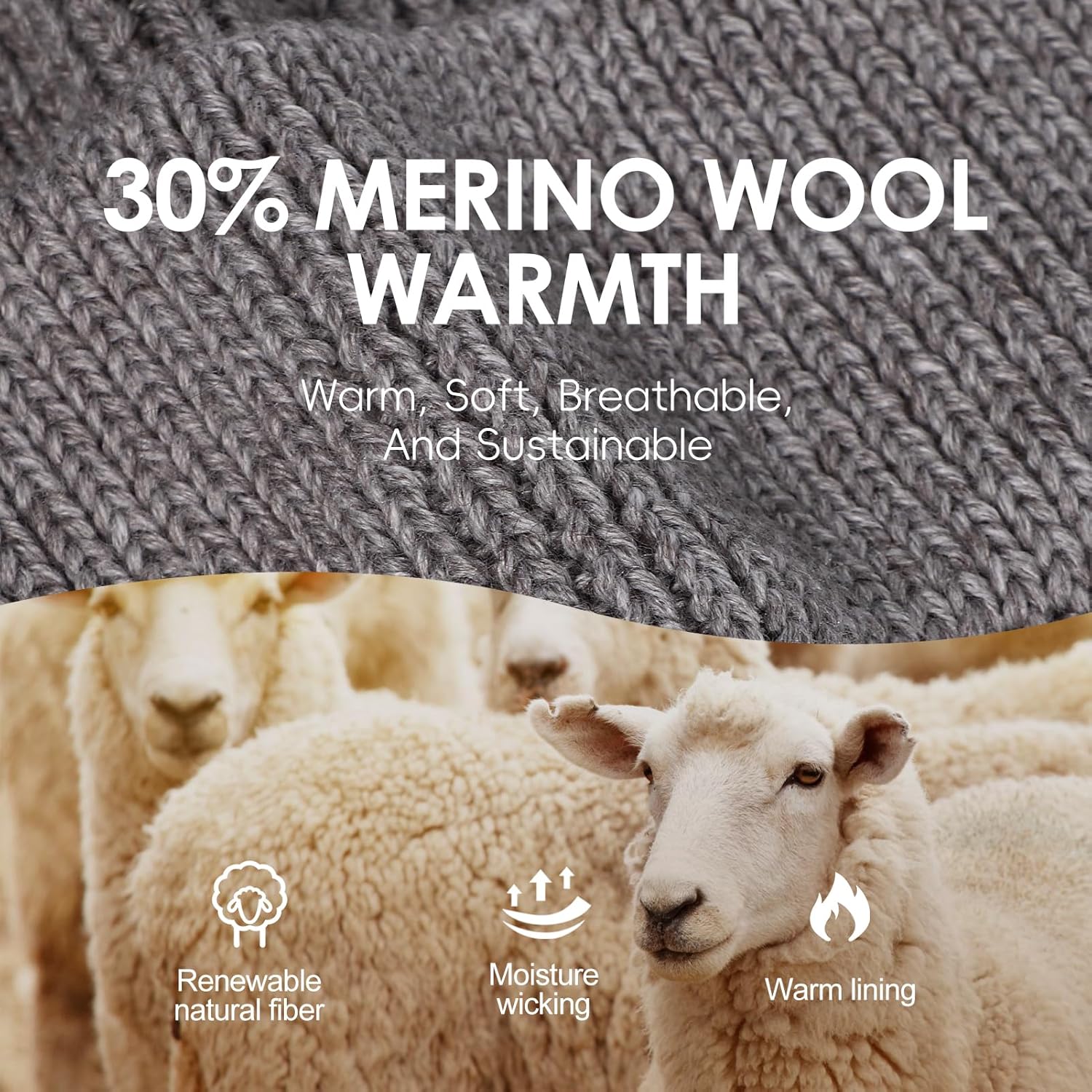 M/L/XL/XXL Merino Wool Beanie for Men, Plus Size Warm Knit Hat with Fold-Up Cuff, Soft Ski Skull Cap for Big Heads - Image 4