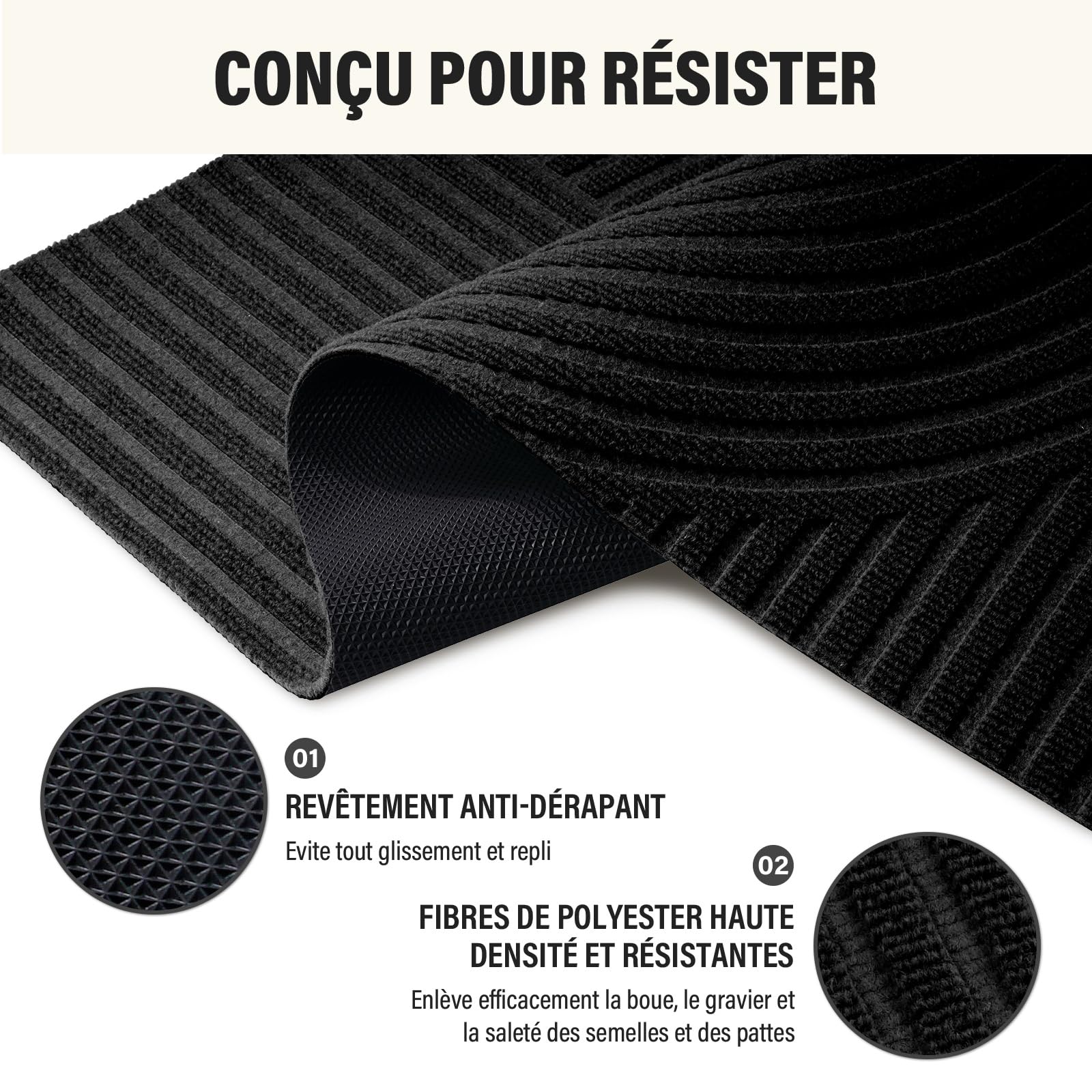 Tapis Entrée Intérieur Motif Vague Symétrique, 60x90cm-Noir | Paillasson Attrape-Poussière Antidérapant, Absorbant, Tapis de Porte Profil Bas et Lavable pour Cuisine,Chambre, Couloir