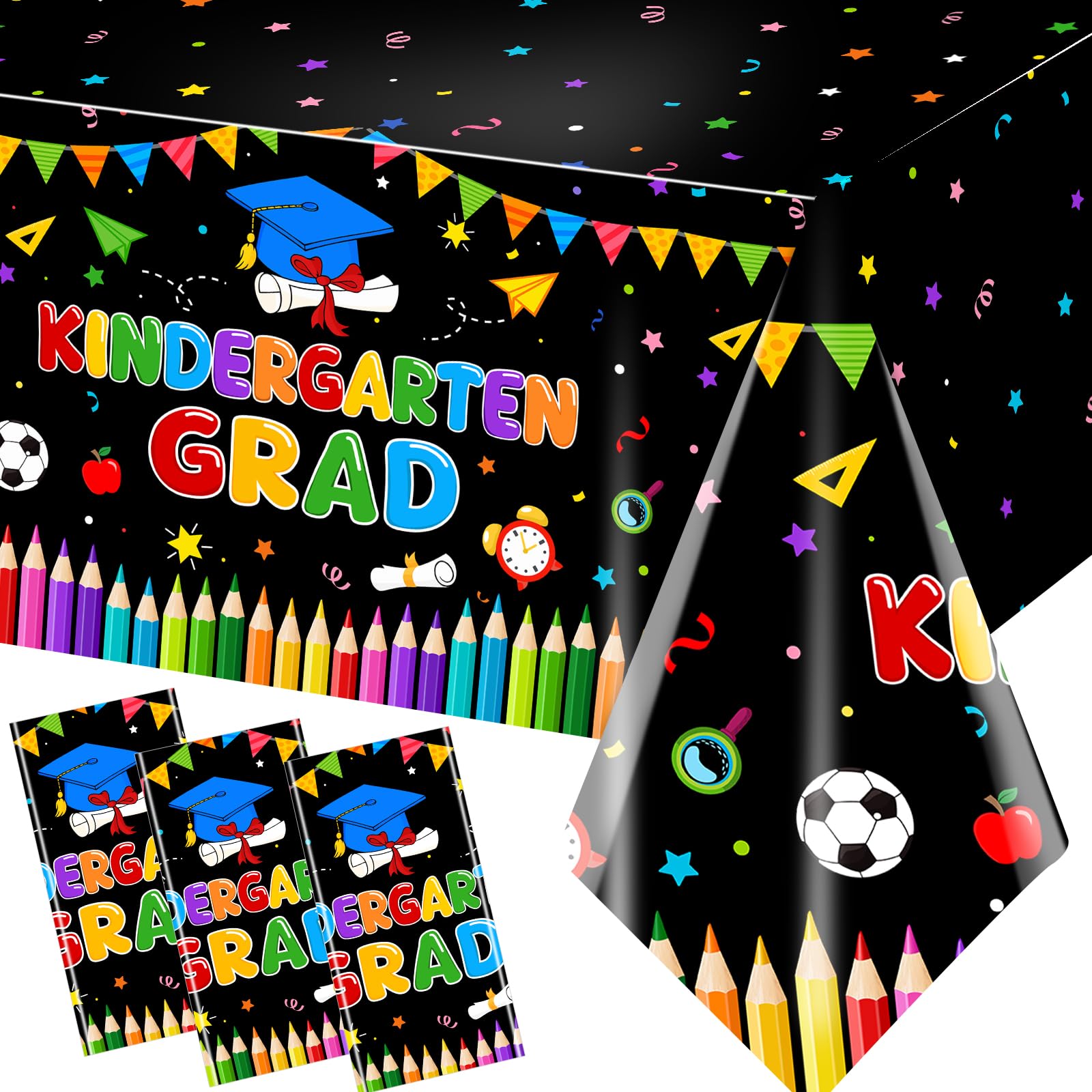 Guzbewu Kindergarten Graduation Table Cloth 3 Pcs,Plastic Disposable Waterproof Pre-k Kids Graduation Table Cover for Preschool,Gold and Black