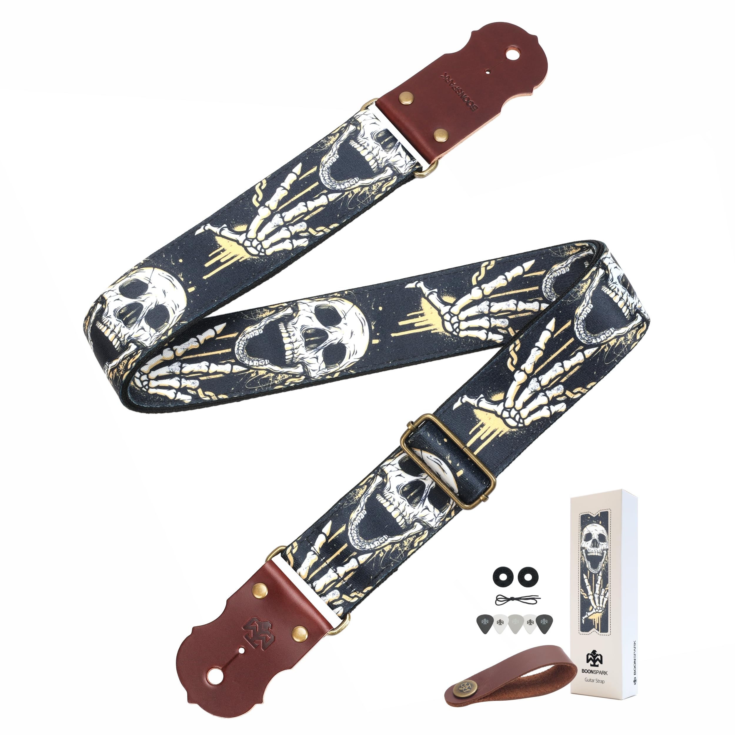 Skull Guitar Strap - Real Thick Cowhide Ends,Safe Durable,2in Wide Soft Skull Print Nylon Weave Adjustable Guitar Straps for Acoustic,Bass &amp; Electric Guitars,Guitarists Gift Set