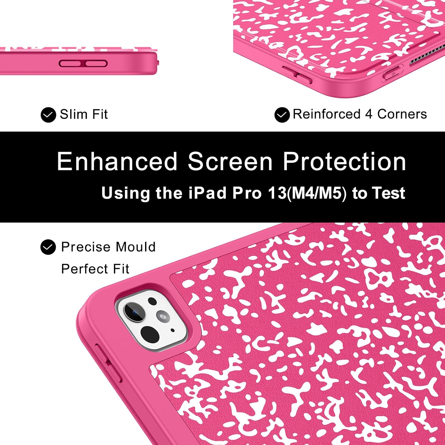 Soke Case for New iPad Pro 13 Inch (M5/M4, 2025/2024 Release), with Pencil Holder Trifold Stand Shockproof [Support Apple Pencil Charging + Auto Wake/Sleep], Soft TPU Back Cover, Book Hot Pink