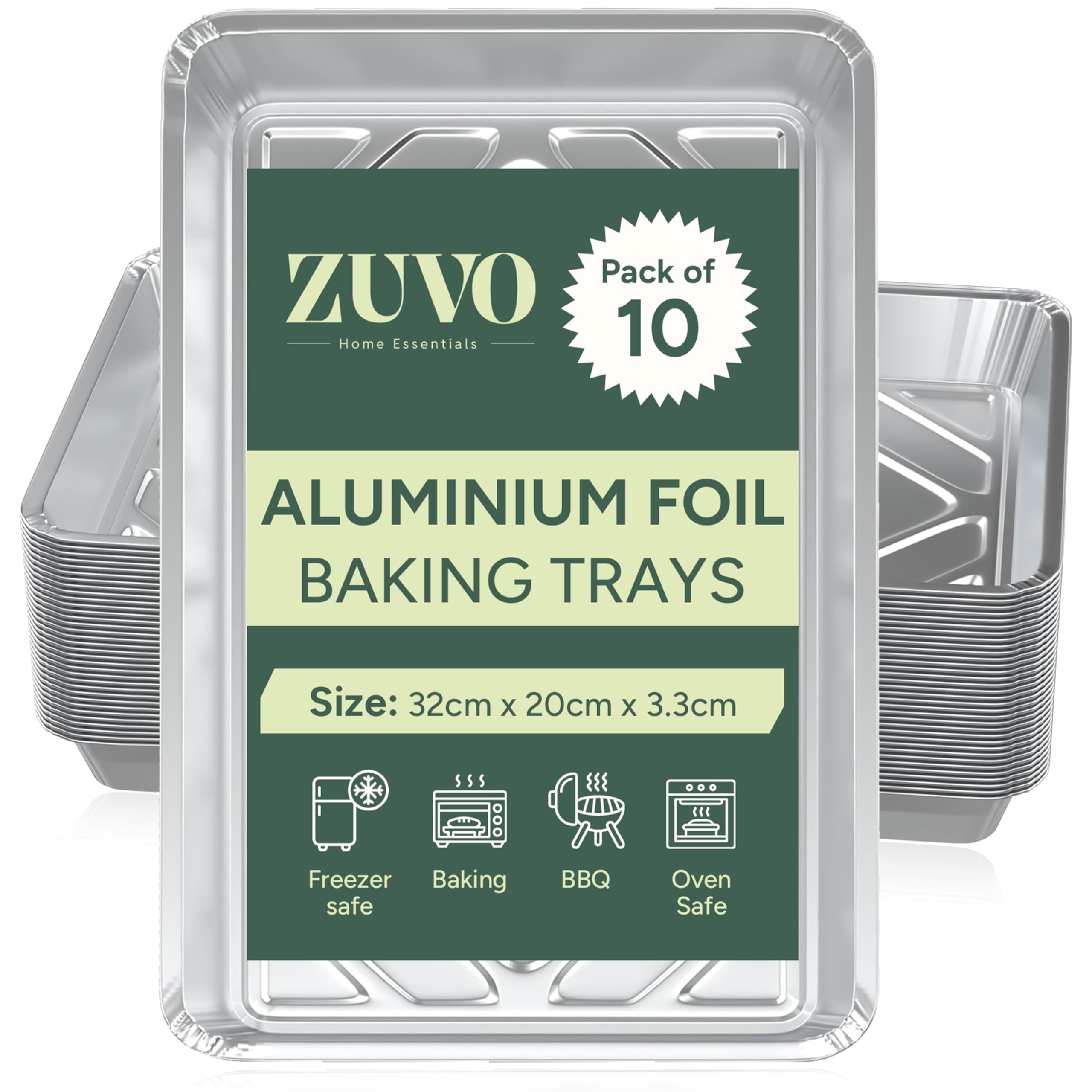 Zuvo Aluminium Foil Baking Trays - (10 Pack) - 32cm x 20cm x 3.3cm - Foil Trays for Cooking, Freezing, Serving and Storing Tray - Oven Baking Trays
