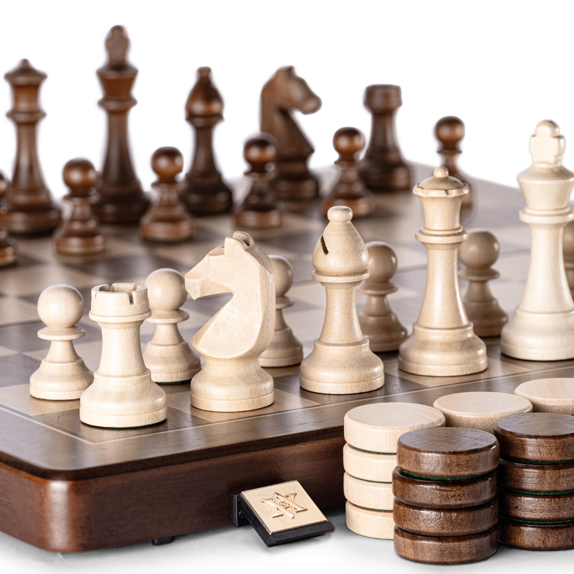 A&A 38 cm drewniane składane szachy i warcaby zestaw z 7 cm King Height Staunton Chess Pieces / 2 Extra Queens