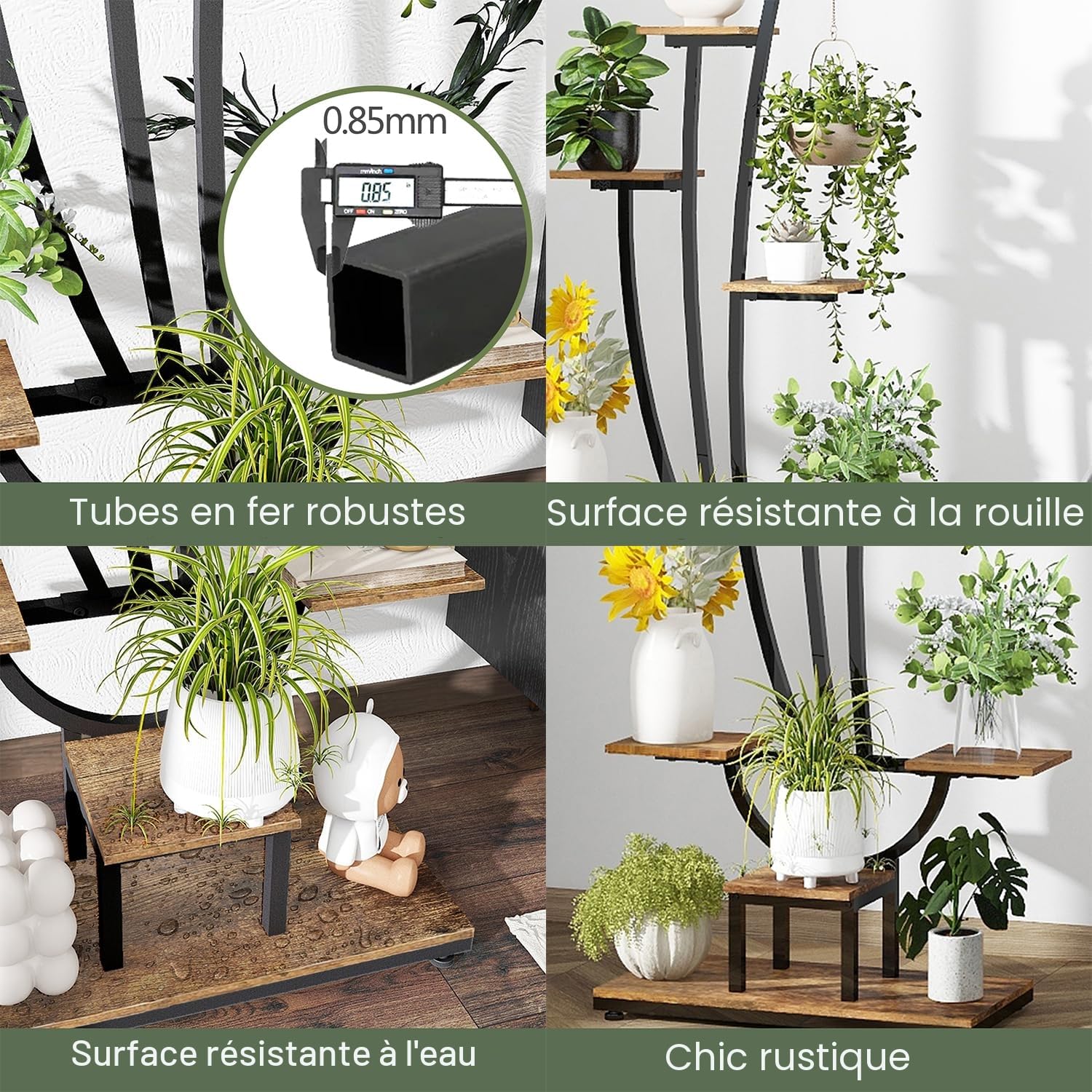 Trironsun Support pour plantes avec lumière de croissance - Étagère à 7 niveaux en métal et bois - Support de fleurs haut pour l'intérieur, le salon, le balcon ou le jardin