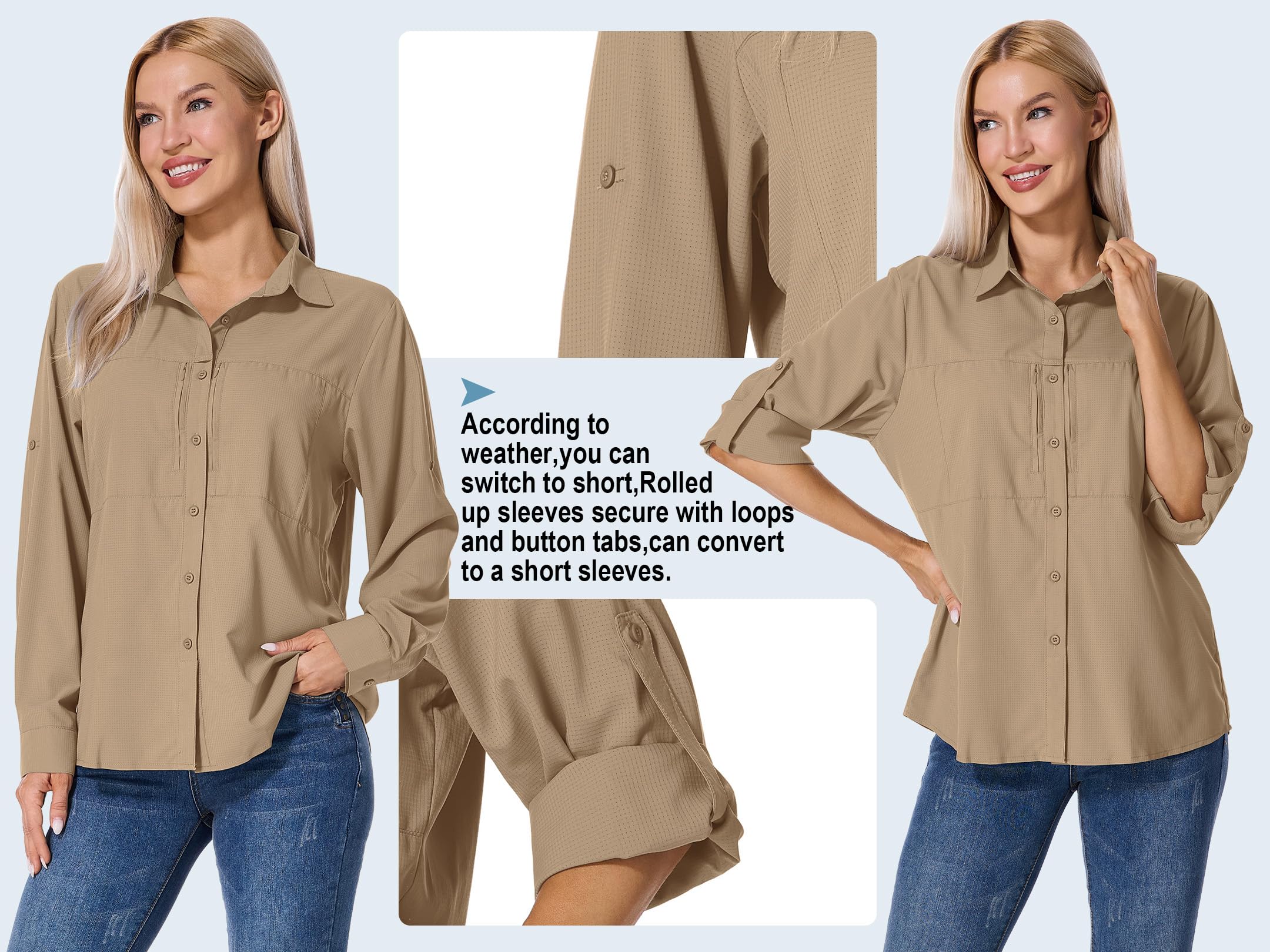 Shirts T-shirt UV UPF 50+ Safari Kleidung Wanderbluse Damen Hemdbluse Outdoor atmungsaktiv Quick Dry Sonnenschutz Langarmshirt Bluse