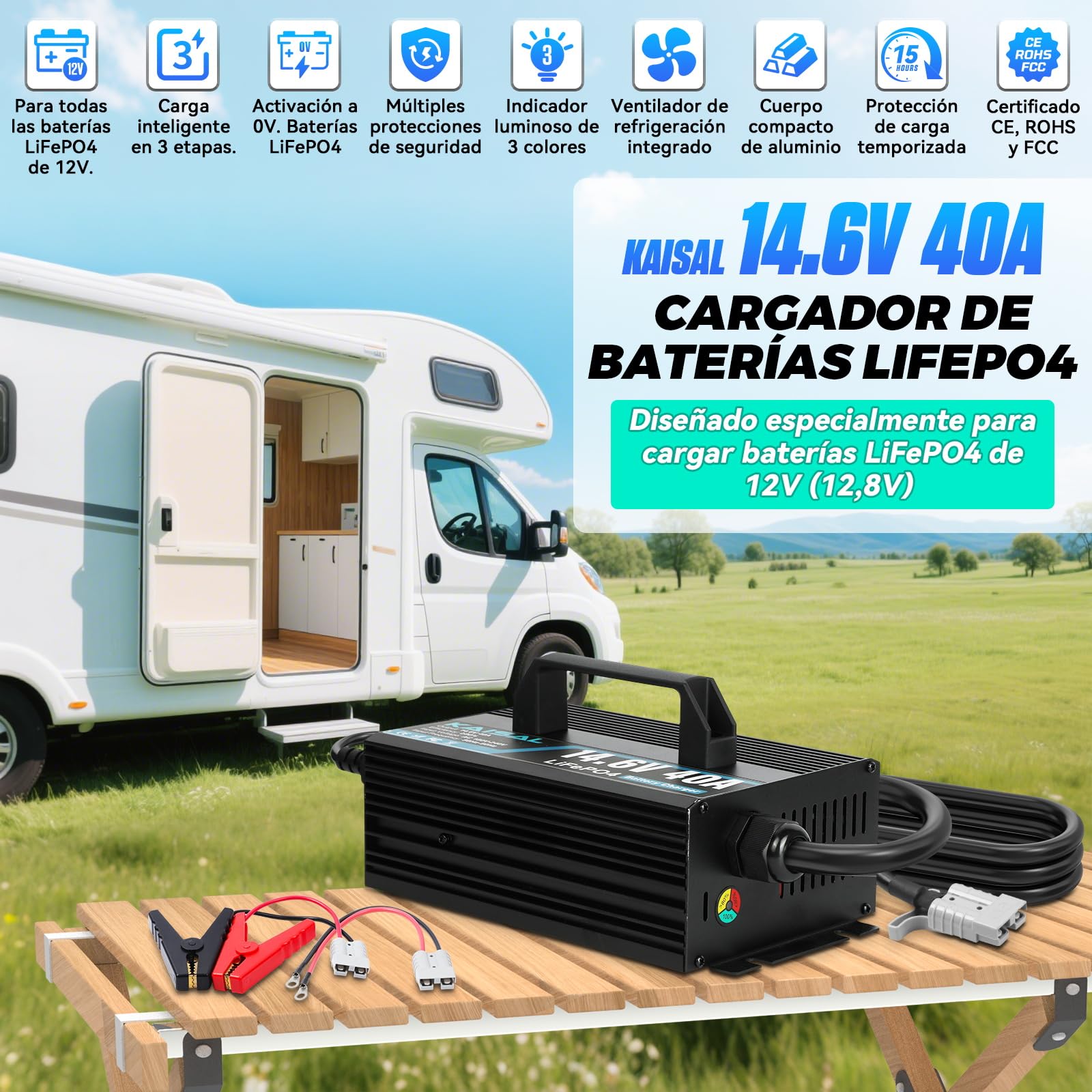 KAISAL 14.6V 40A Cargador de Batería LiFePO4, Cargador de LiFePO4 para 12V/12.8V Batería de Litio,12V Cargador de Bateria Litio Recargable de Ciclo Profundo para Autocaravanas,Barcos,Solar