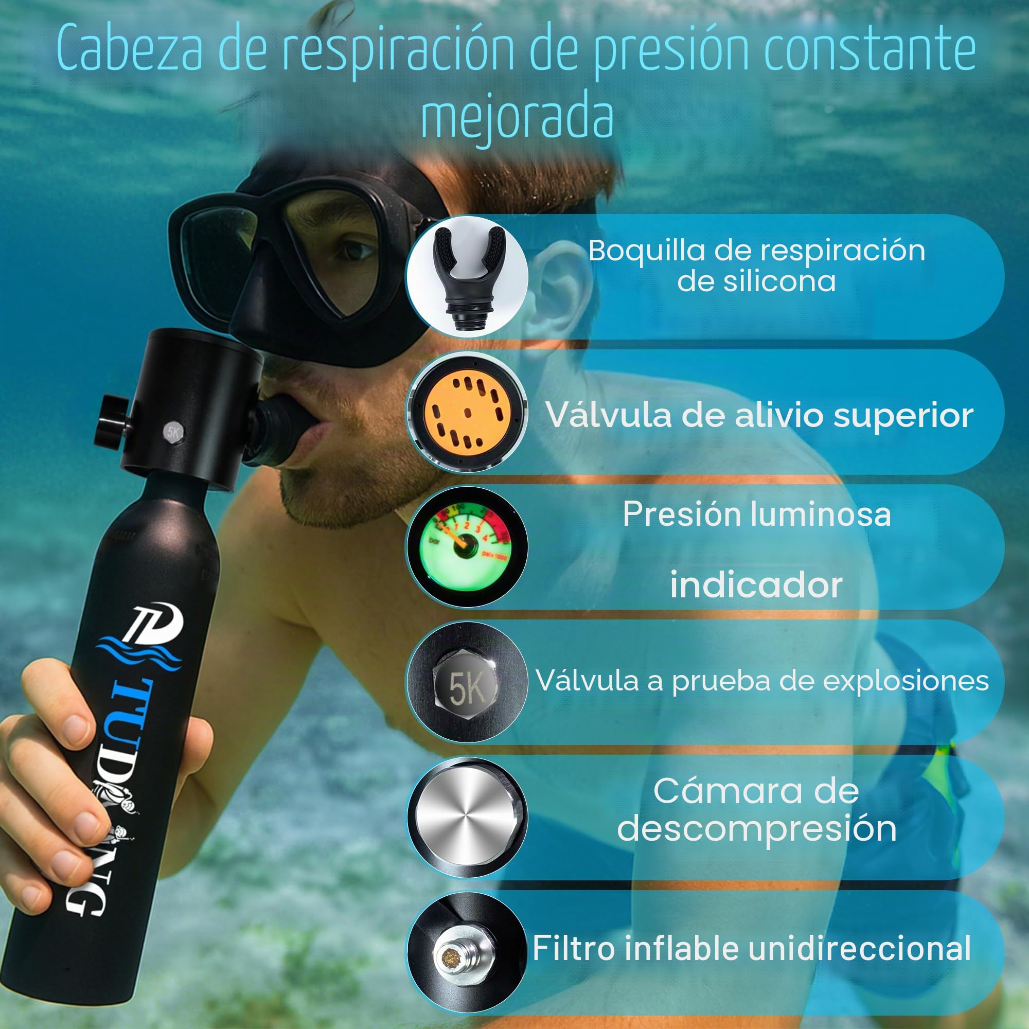 TUDIVING-Juego de Tanque de Buceo de 0,5 L, minicilindro de oxígeno con máscara de Snorkel de Cara Completa, Kit de Buceo de Viaje portátil for Viajes Nadar Rescate