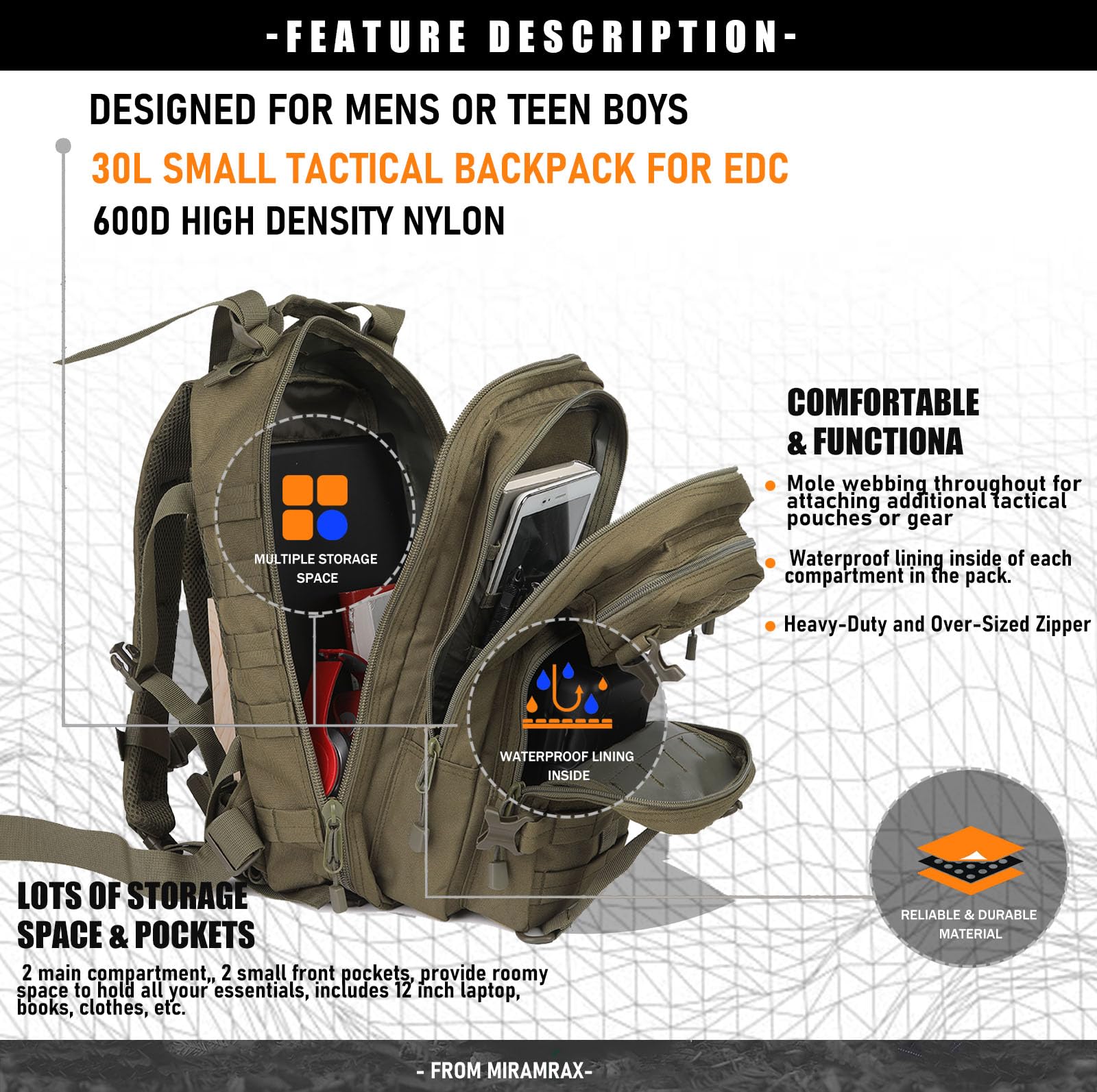 Miramrax Mochila táctica pequeña militar – Mochila de 30 L para hombre, mochila de asalto Molle, bolsa de insectos para senderismo y camping
