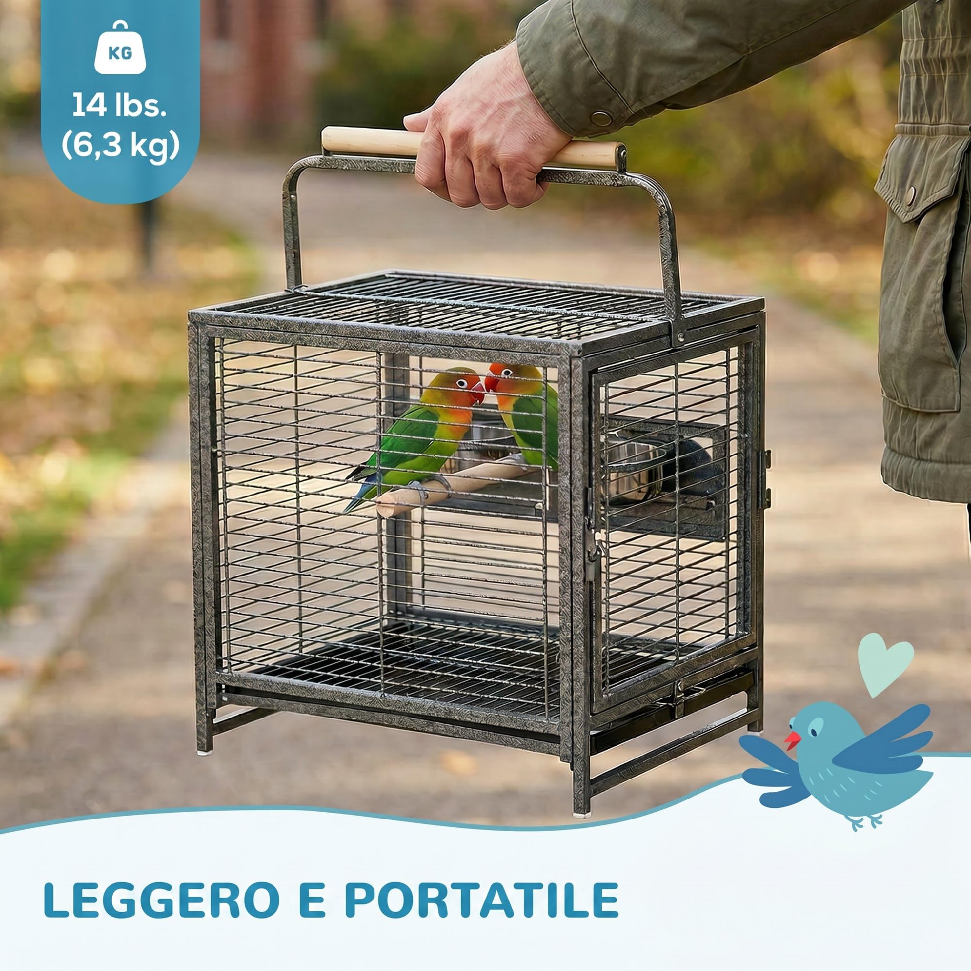 PawHut Gabbia per Pappagalli con Vassoio rimovibile, Ciotole in Acciaio Inox e 2 Posatoi, 48x38x65cm Nero