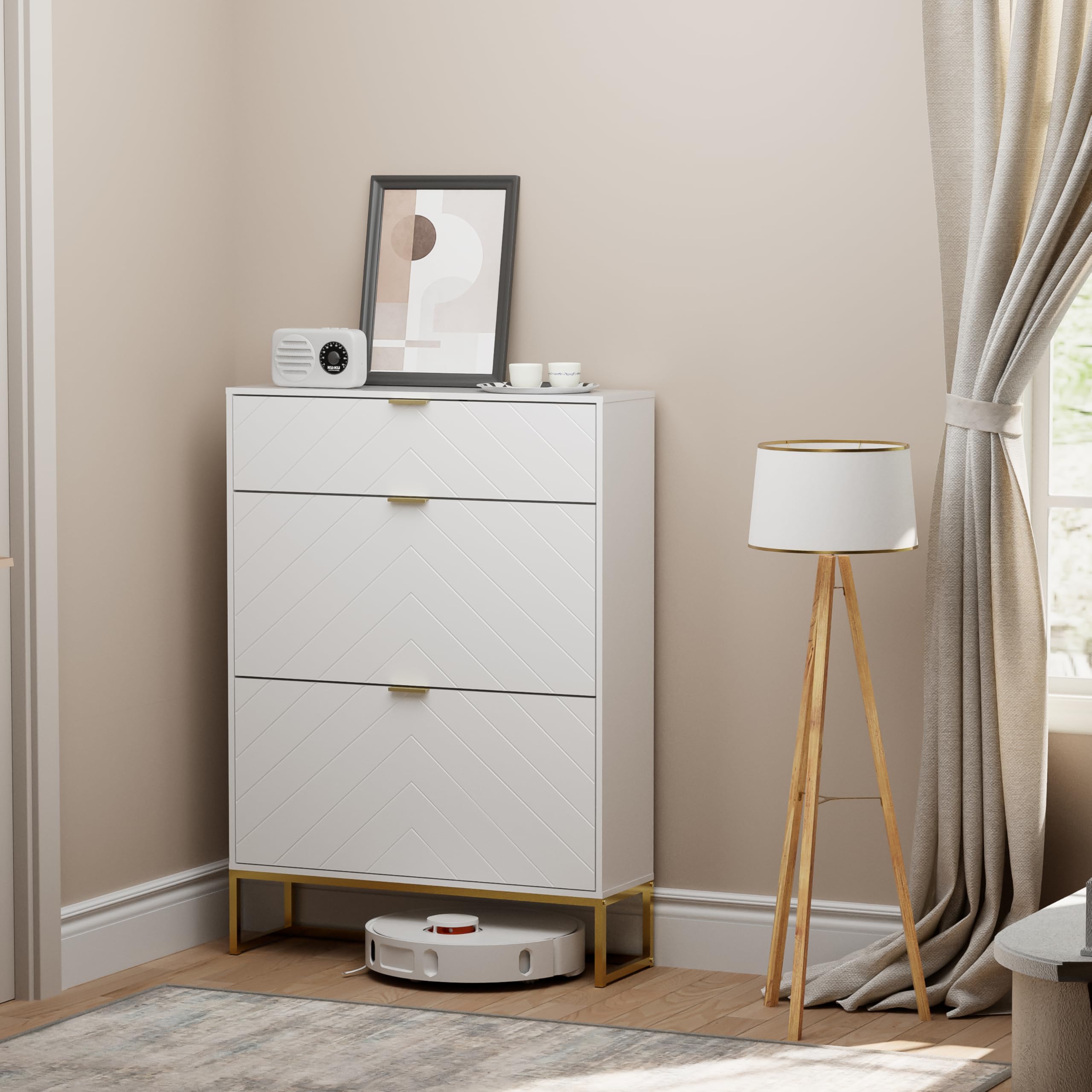 UEV Scarpiera con 2 ante e 1 cassetto, scarpiera sottile, con motivo a V, per soggiorno, corridoio, 80 x 24 x 122 cm, bianco