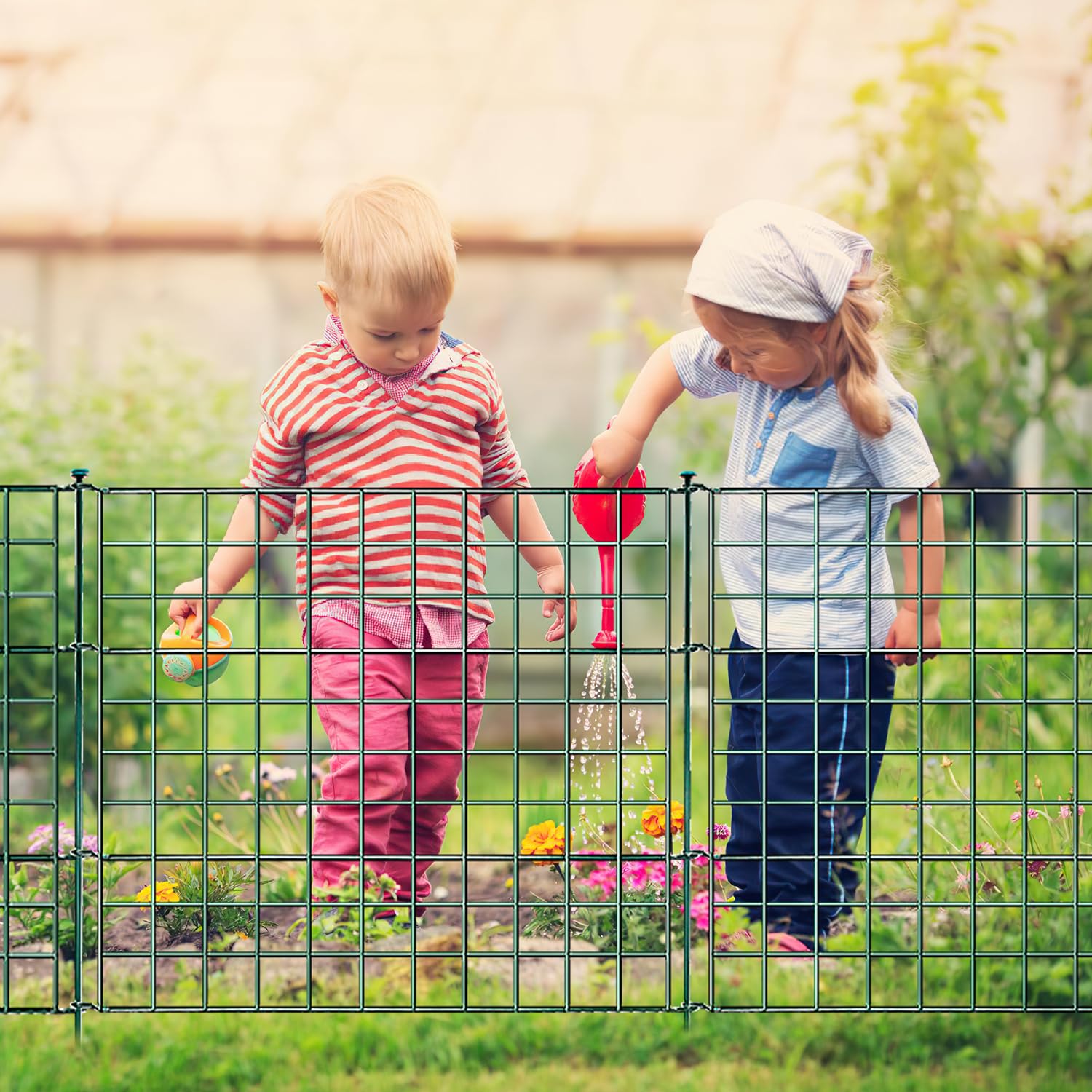 Recinzione per laghetto da giardino, set completo in metallo, 5 elementi di recinzione, lunghezza 3,74 m, con 6 aste di fissaggio, recinzione per cani, set per barriera per animali (dritto