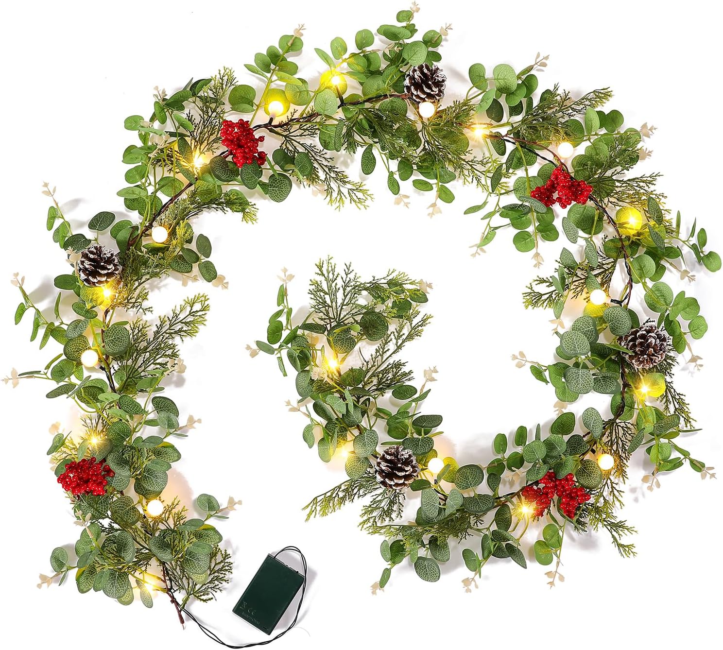 Guirnalda de cedro de Navidad de 6 pies con bayas rojas de piña, guirnalda de eucalipto, funciona con pilas con temporizador, guirnaldas