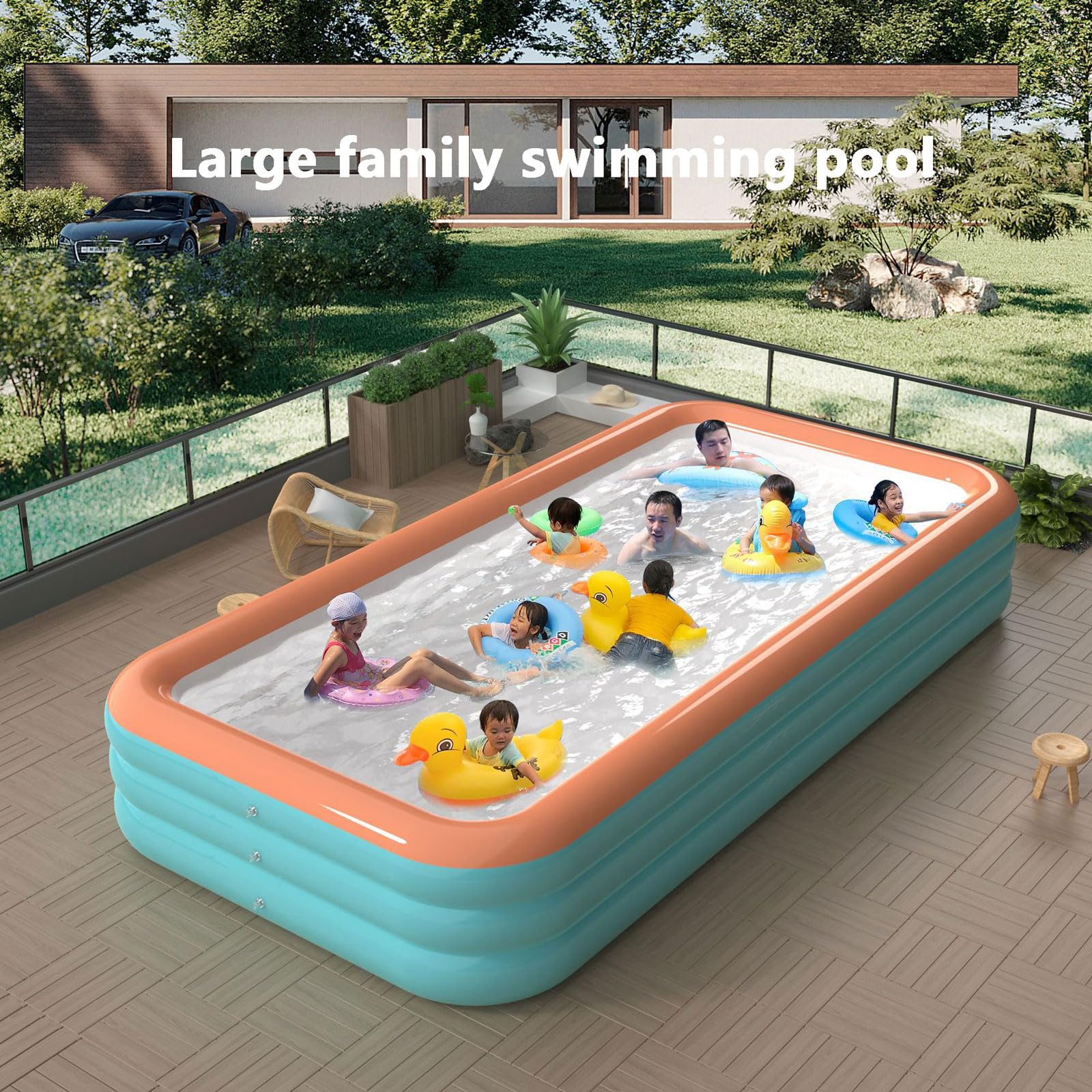 Piscina hinchable familiar para niños y adultos 318*180*65cm,3 capas Plegable Piscina infantil grande de PVC reforzado ,Con bomba de aire y parche reparador,para Jardín Interior al Aire Libre