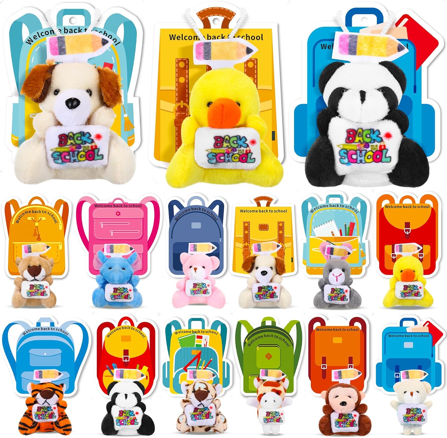 15 Set Welcome Back to School Gifts for Students/Teachers (Stuffed Animals Bulk) — Mini First Day of School Plush Animals with Card — Small Stuffed Doll Tiny Keychain Classroom Gift Party Favors