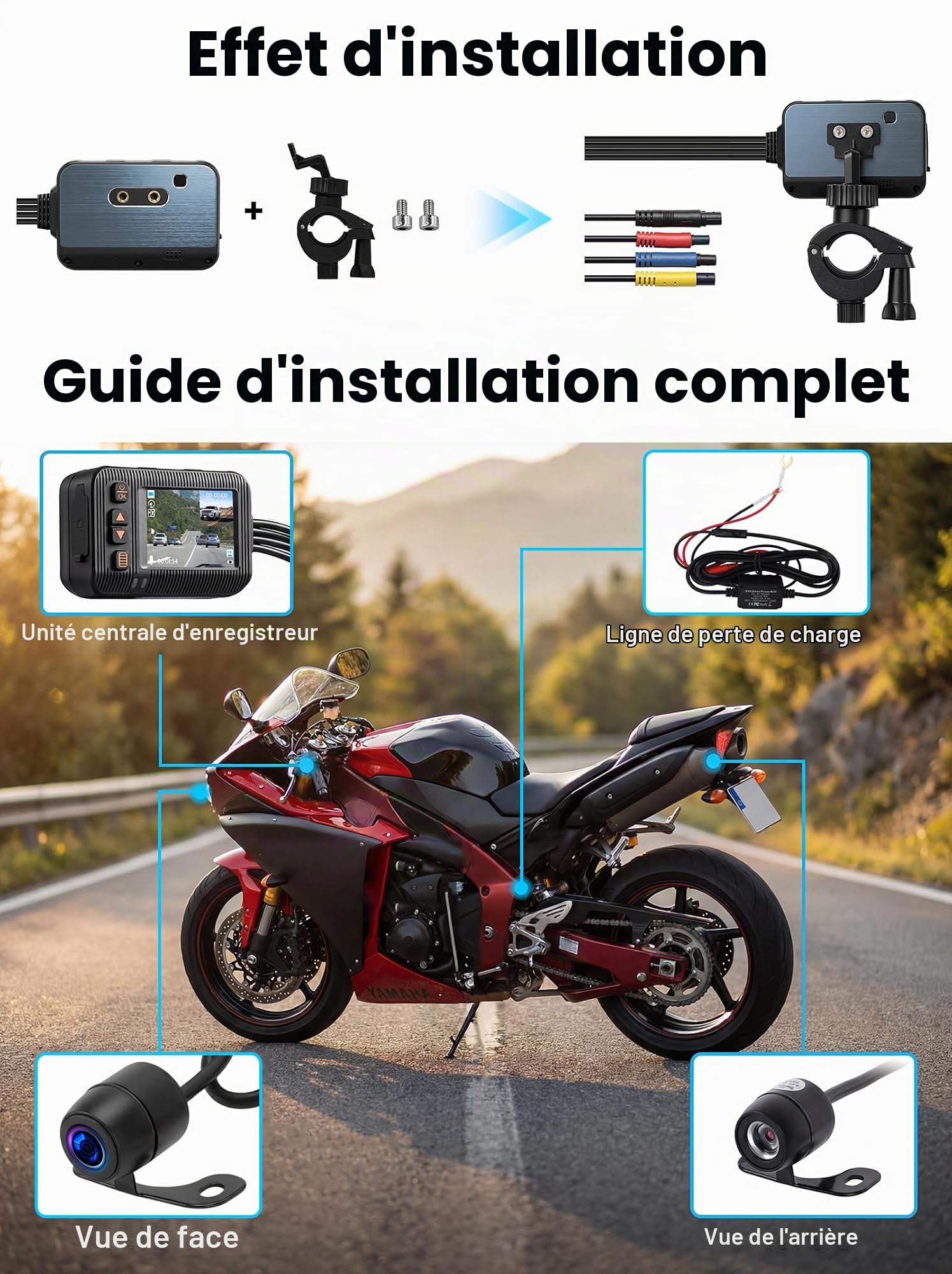CAMECHO Dashcam Caméra Embarquée pour Moto Écran 2 Pouces, Double Objectif 1080P à l'avant 120° et 720P à l'arrière 90°, étanche IP67, Caméra pour Moto avec HDR, Capteur G, Enregistrement en Boucle