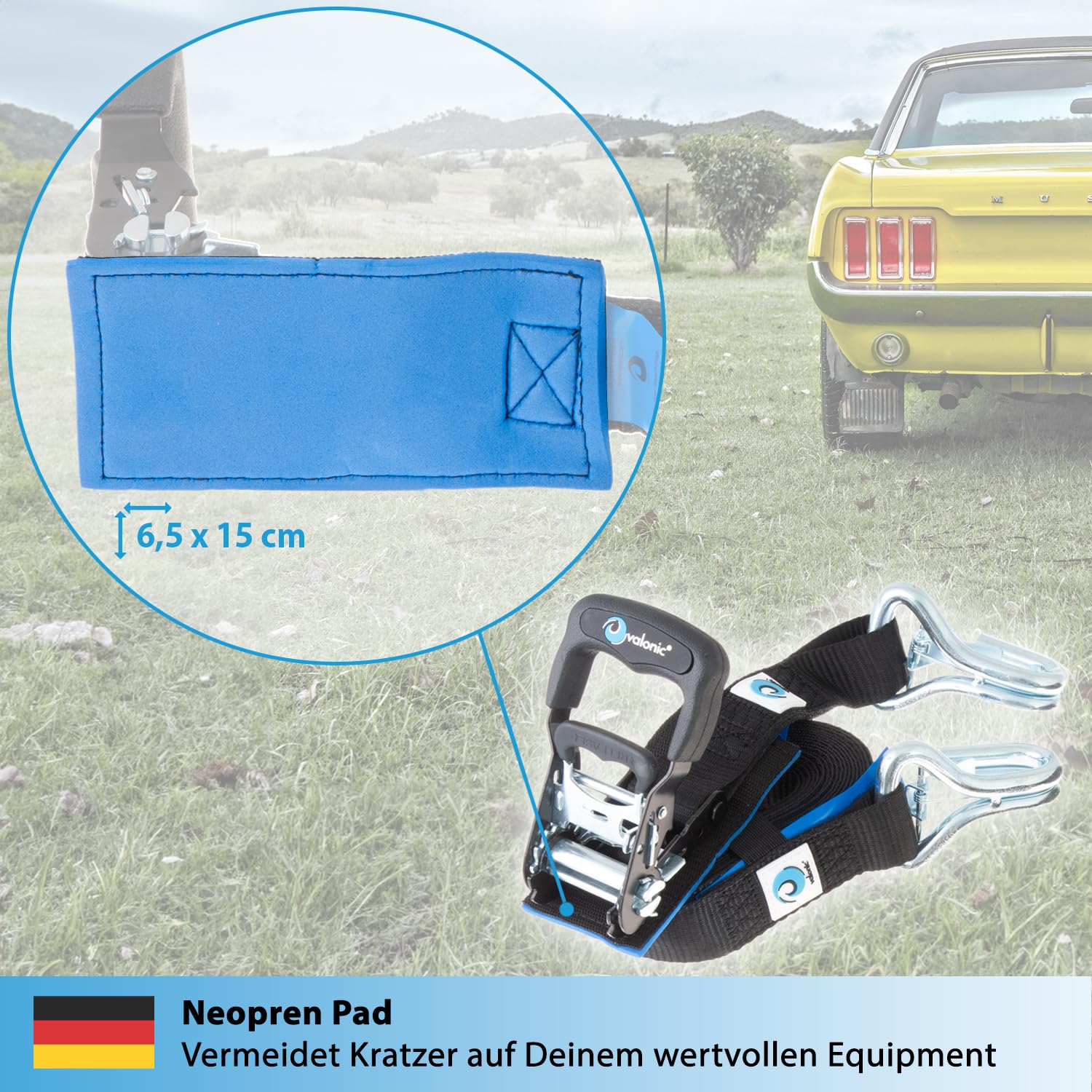valonic Buffalo - 2X 6m Spanngurte mit Haken, Blaue Fahne, 38mm, 1000/2000 Kg, mit Polsterung, DIN EN 12195-2 - zweiteilig, Transport Gurt mit Ratsche für LKW, Anhänger