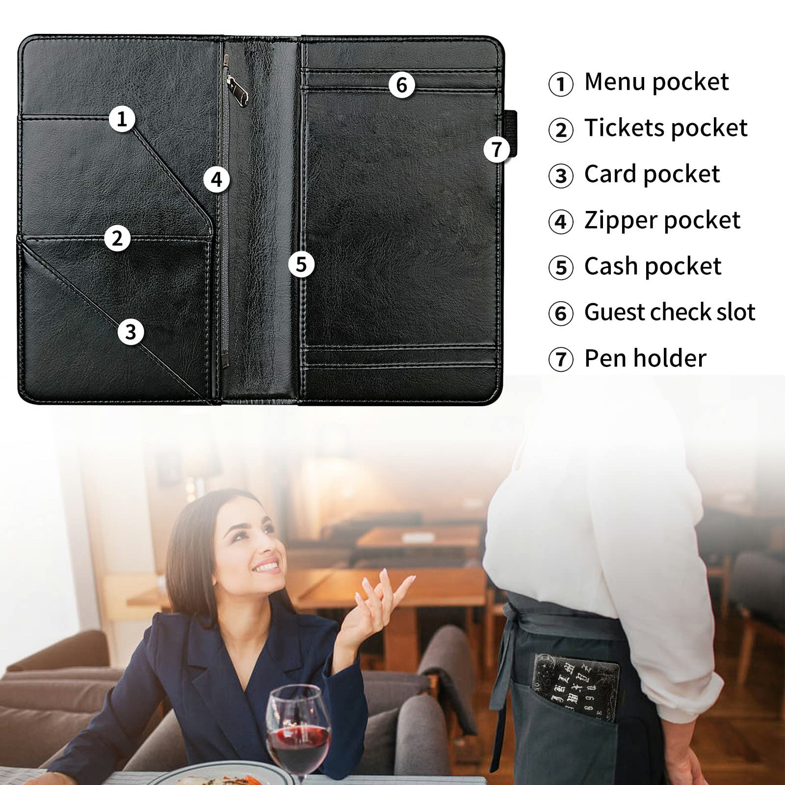Server Book For Waitress With Everlasting Pencil,Money Pocket Leather Wallet Booklet,Guest Check Receipt Holder Presenters,Waiter Accessories Fit Server Apron 5.5" X 9"-Cow Texture - View #6