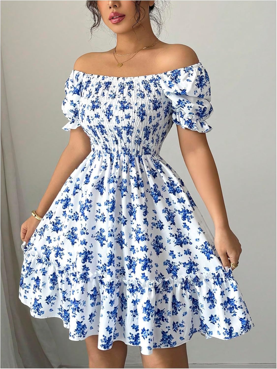 Floerns Women's Floral Puff Sleeve Square Neck Short Dress Smocked A Line Wedding Guest Dresses - Image 2