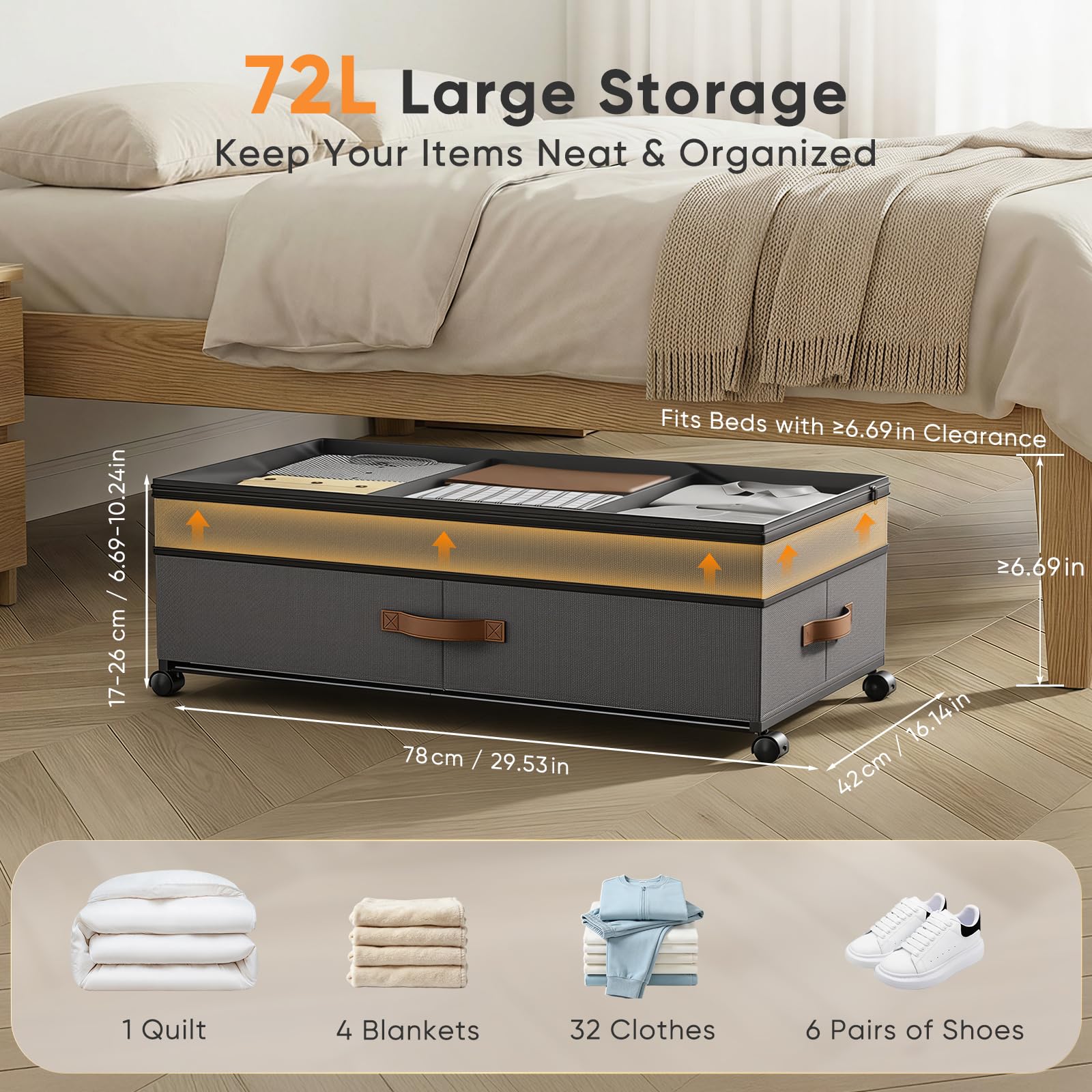 2 unidades de almacenamiento para debajo de la cama de 72 L, con ruedas de rotación de 360° y tapa de PVC, marco de metal, para ropa, zapatos, juguetes y mantas