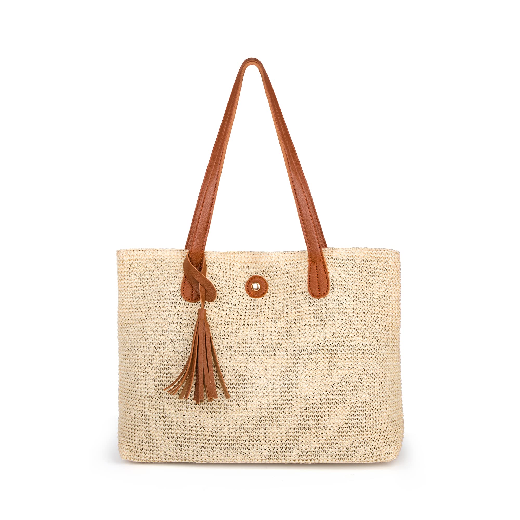 HOLEMZ Bolso de Paja Mujeres Bolsos de Bandolera Verano Moda Tejidas a Mano Totes Gran Capacidad Crossbody Beige para Viajes Vacaciones Uso Diario Señoras Chicas Al Aire Libre con Hebilla
