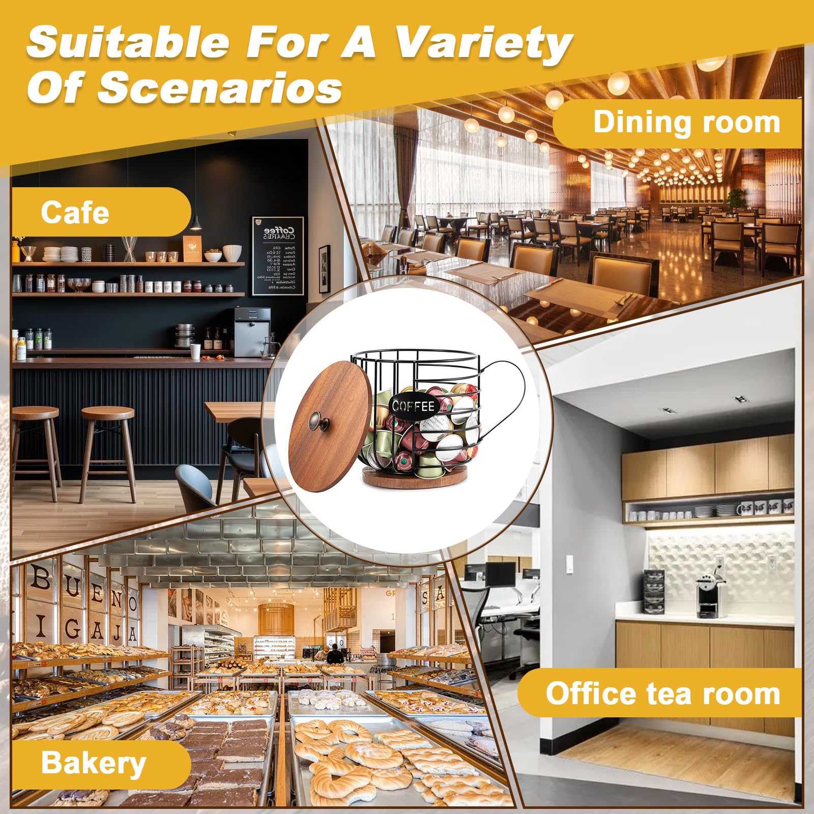 Porta Cialde Caffè Bancone con Coperchio Legno, Organizzatore Capsule Caffè Rotondo Cestello Portaoggetti Capiente, Portacialde Accessori Bar Contenitore Gabbie Ferro Nero per Lavoro Della Cucina