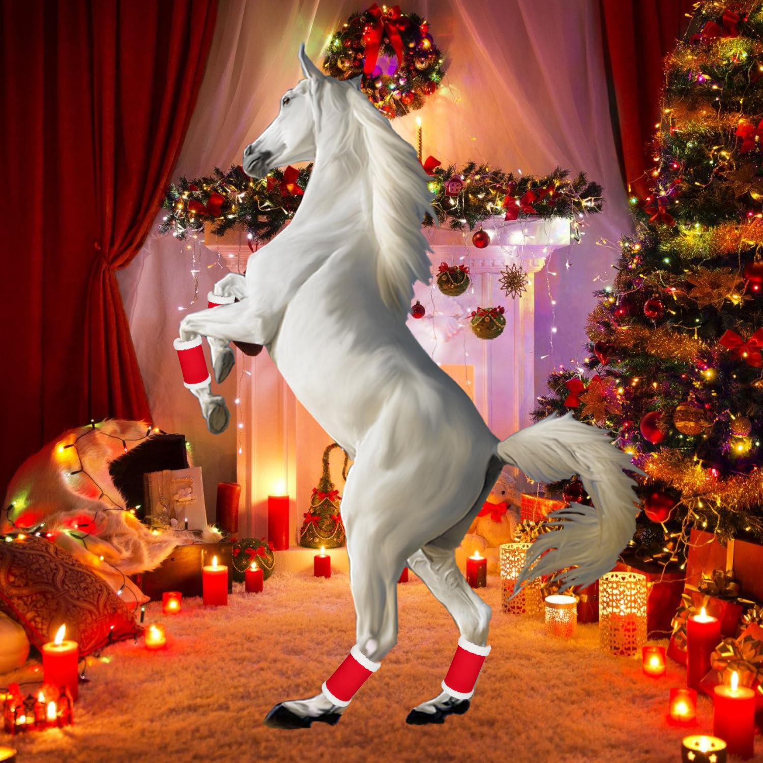 RmKbe 4pcs Christmas Horse Leg Wraps Faux Fur Polyester Standing Wraps Red Soft Horse Leg Sleeves Horse Costume Accessories for Horse Christmas Costume - Image 4